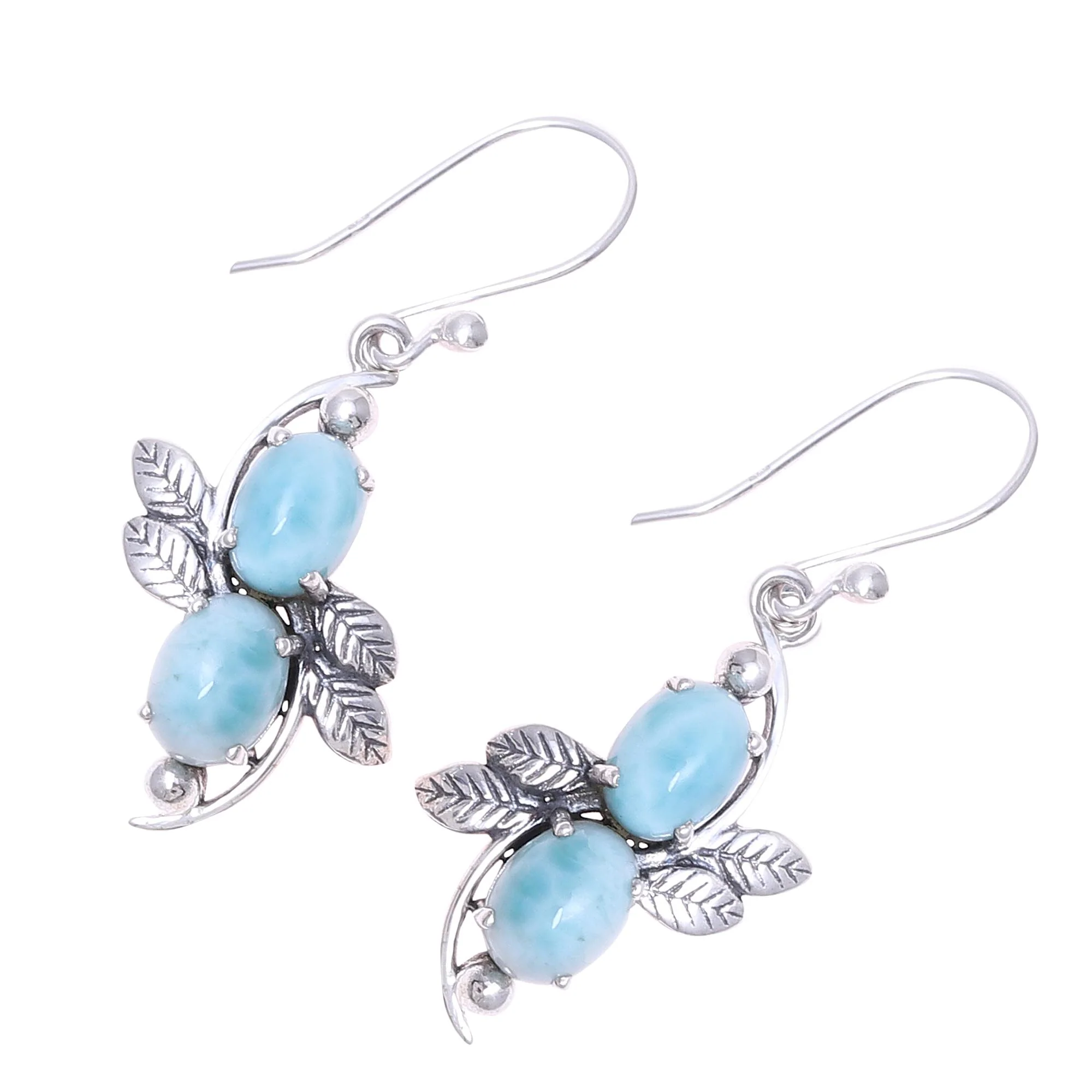 Sky Flower Duo Larimar Ovals and Sterling Silver Leaves Dangle Earrings - Image 4