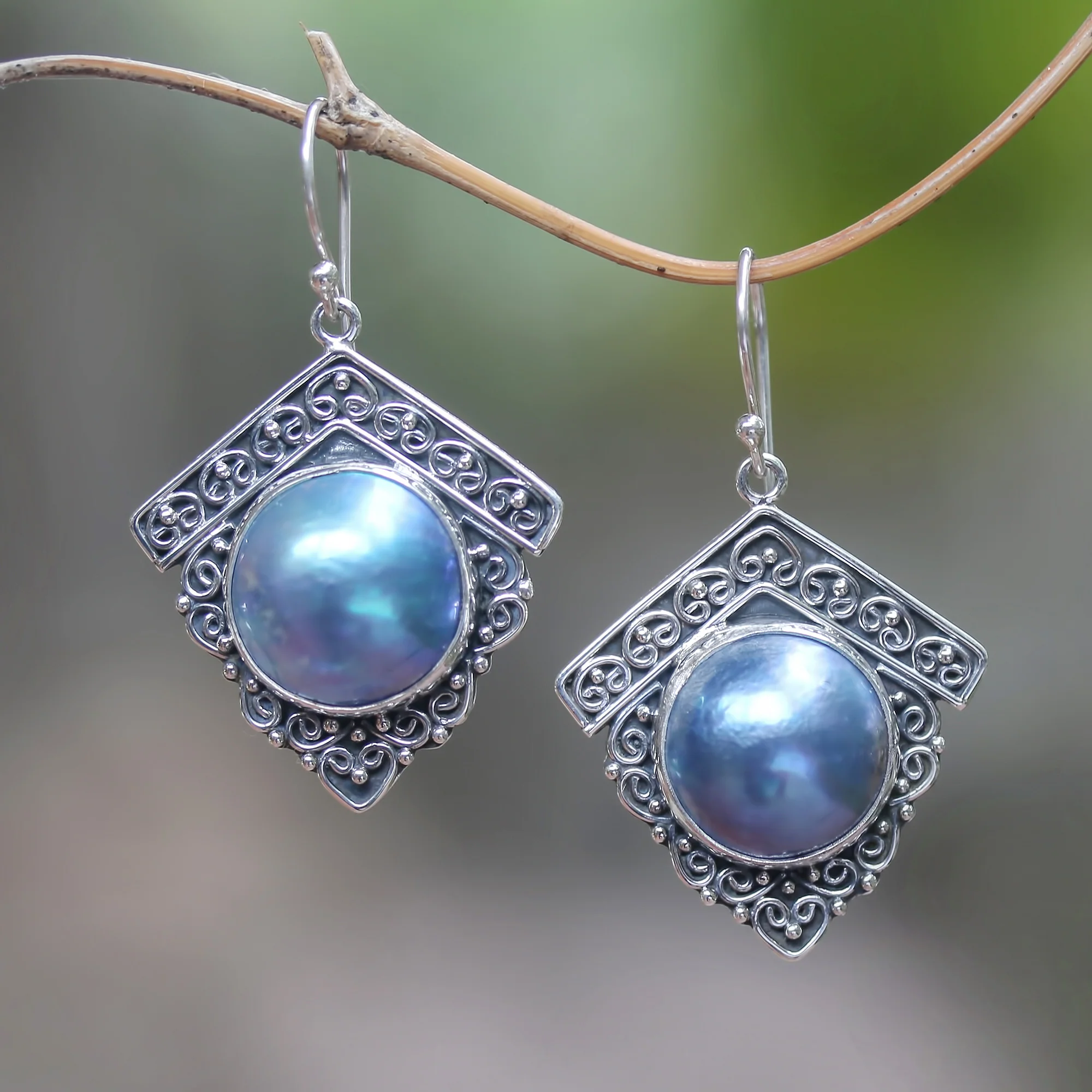Sky Houses Blue Cultured Pearl Dangle Earrings from Bali