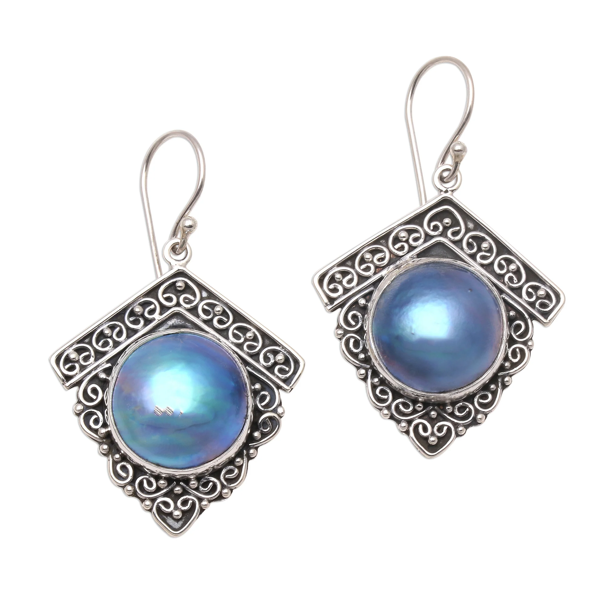 Sky Houses Blue Cultured Pearl Dangle Earrings from Bali - Image 2