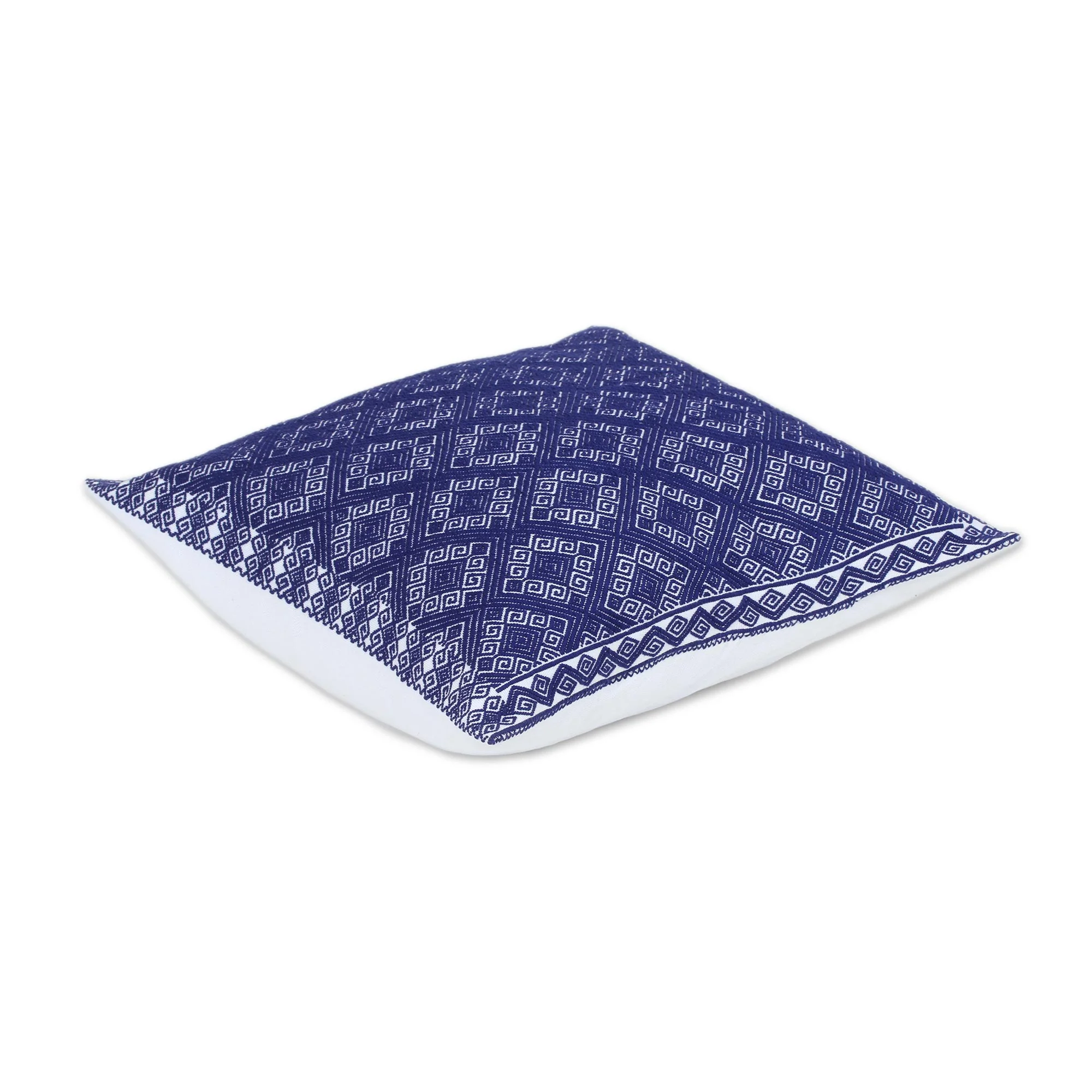 Sky Lattice Handwoven Navy and White Brocade Cotton Cushion Cover - Image 4