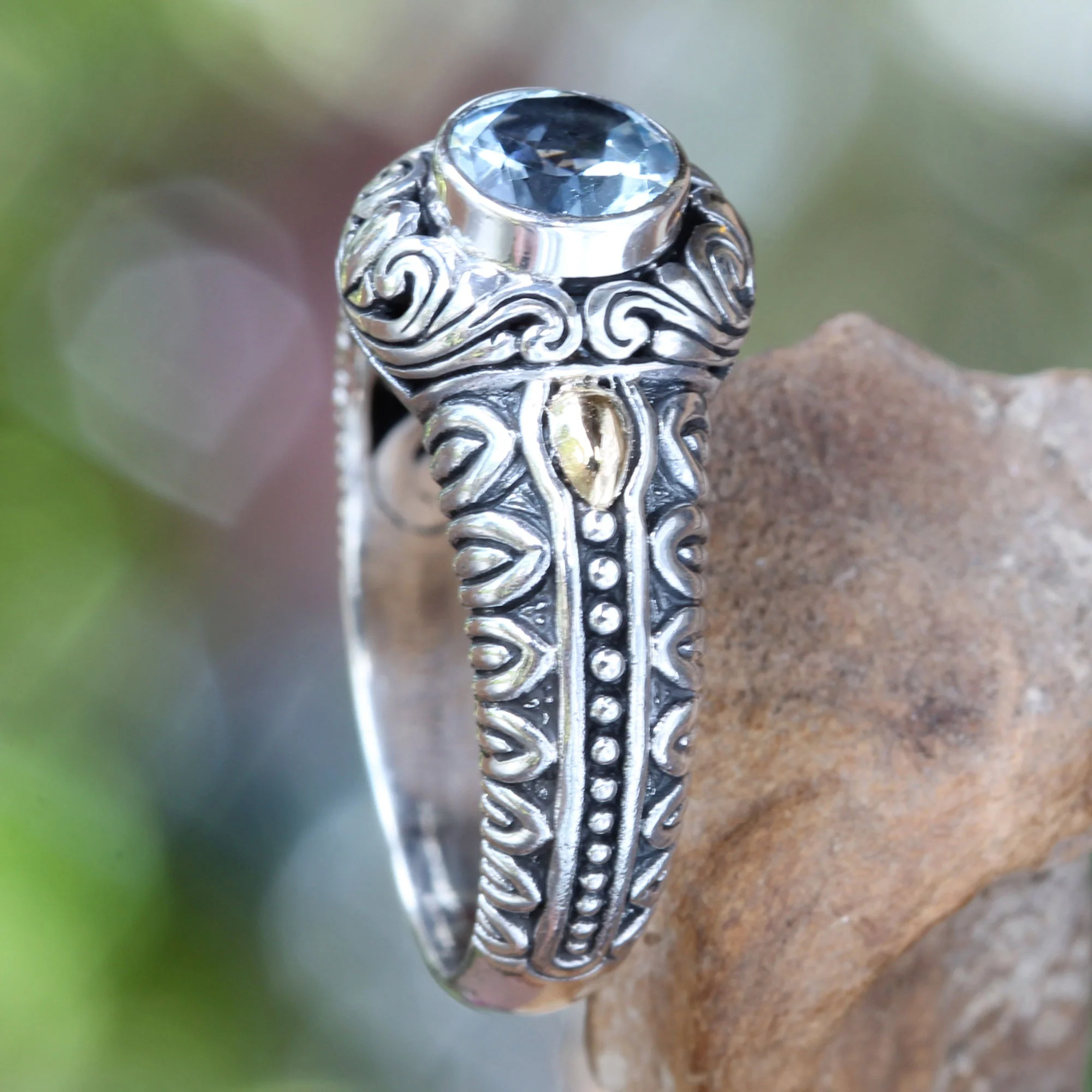 Sky Treasure Blue Topaz Cocktail Ring with 18k Gold Accents - Image 3