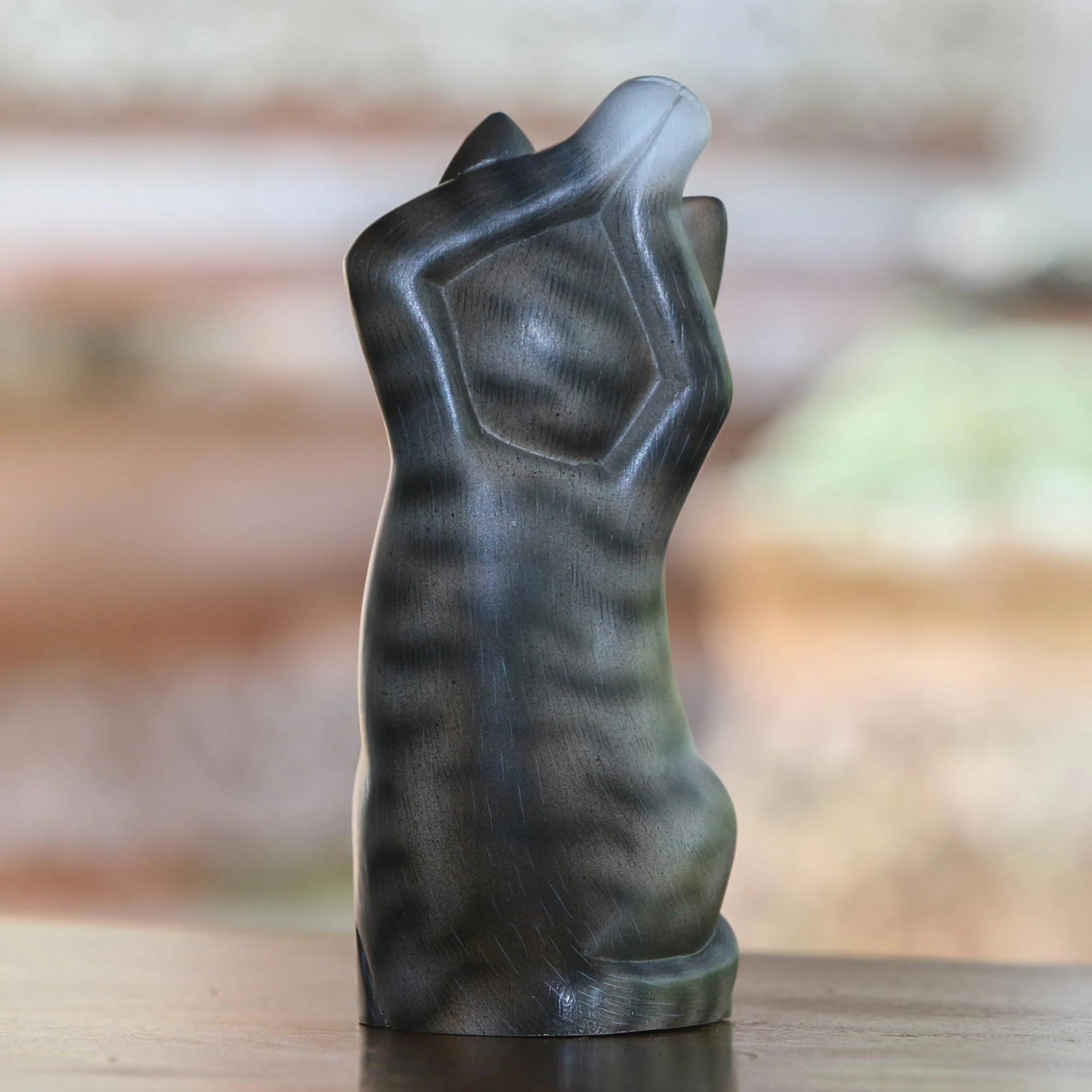 Skyward Paws Whimsical Wood Cat Sculpture in Grey and White from Bali - Image 3