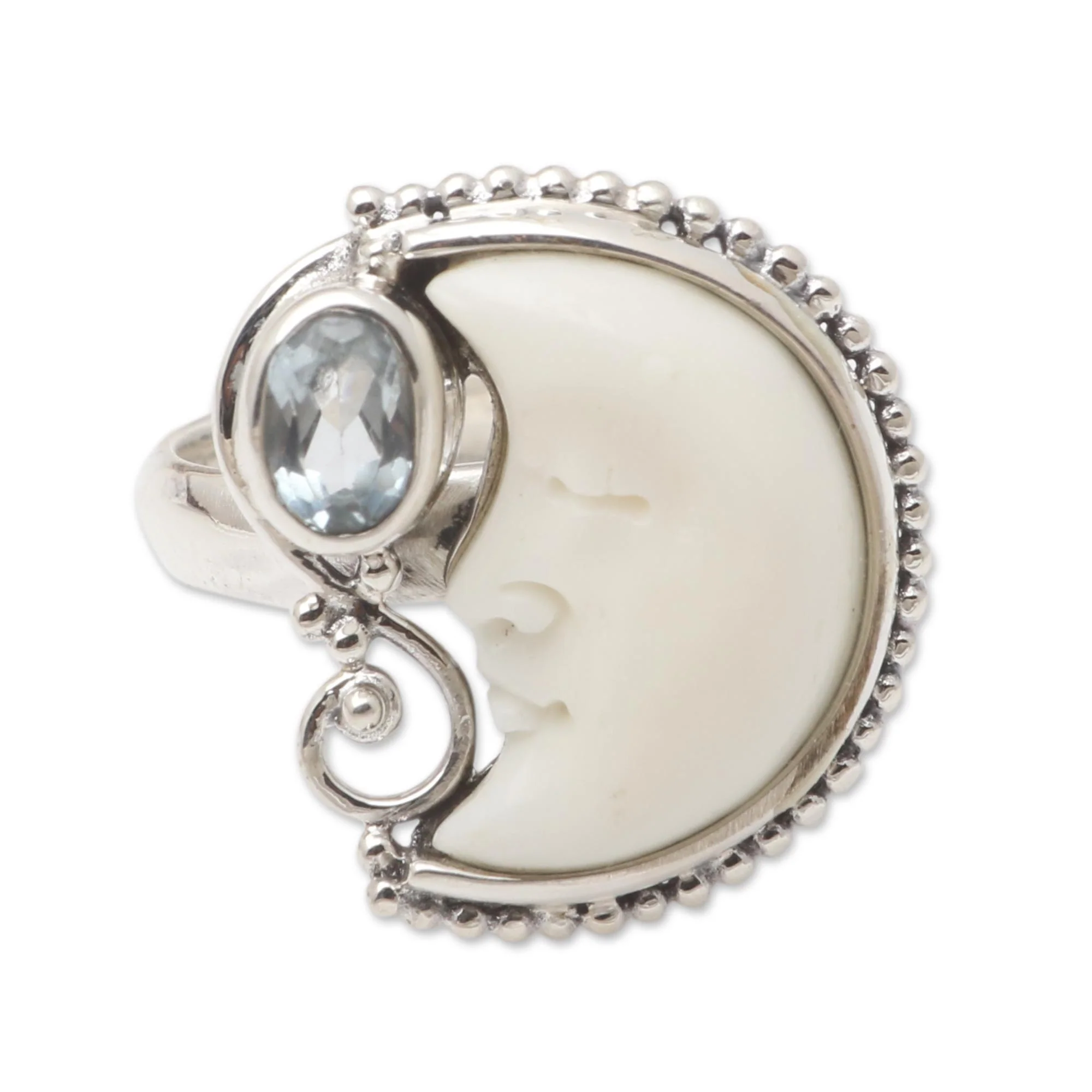 Sleeping Moon Blue Topaz and Sterling Silver Crescent Moon Ring - Image 2