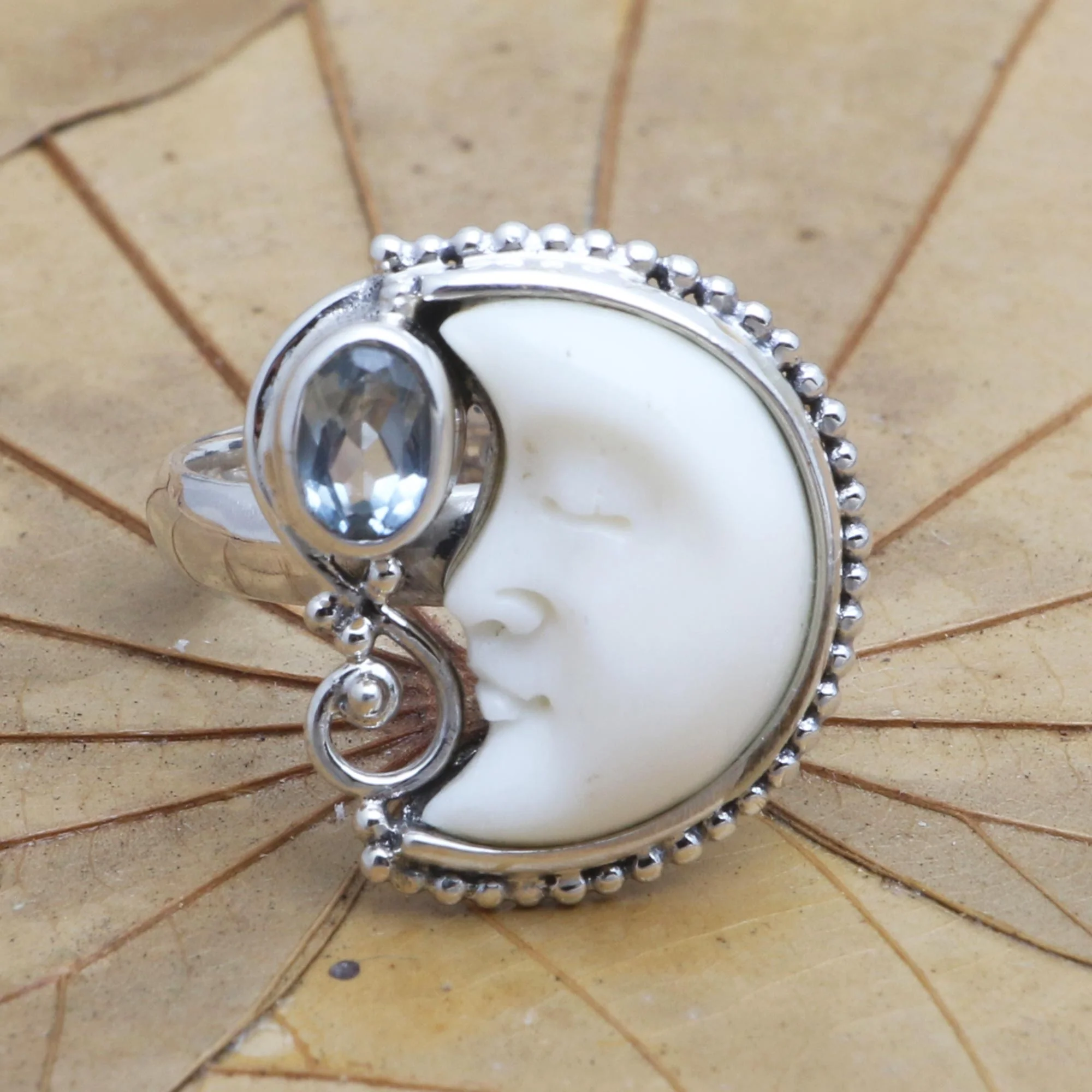 Sleeping Moon Blue Topaz and Sterling Silver Crescent Moon Ring - Image 3