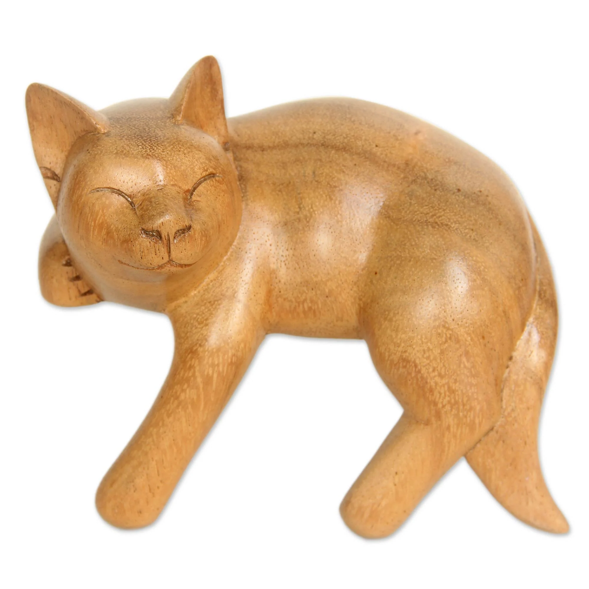 Smiling Cat Relaxes Signed Balinese Tabby Cat Sculpture - Image 2