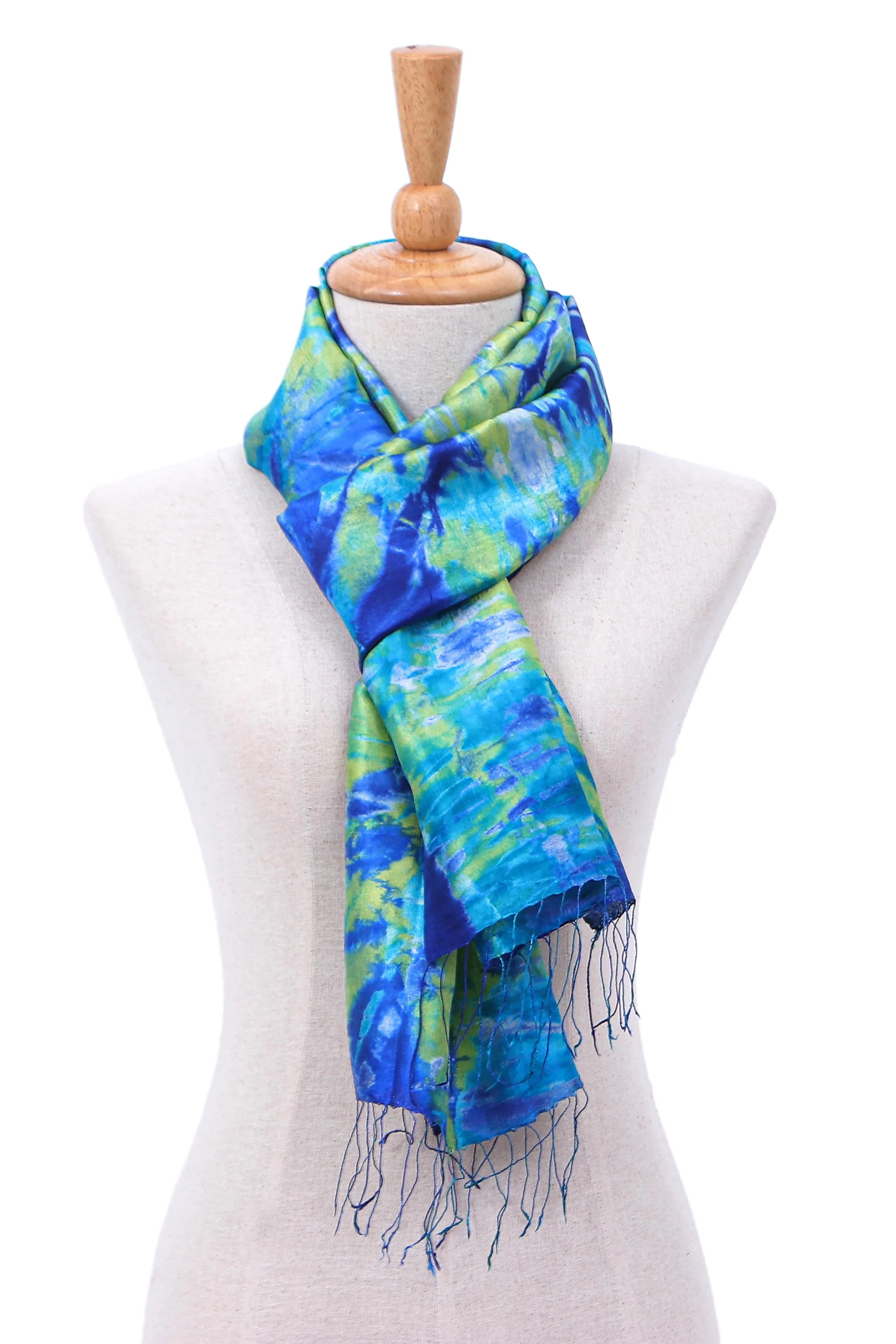 Smiling Sea Fringed Tie-Dyed Silk Scarf - Image 2