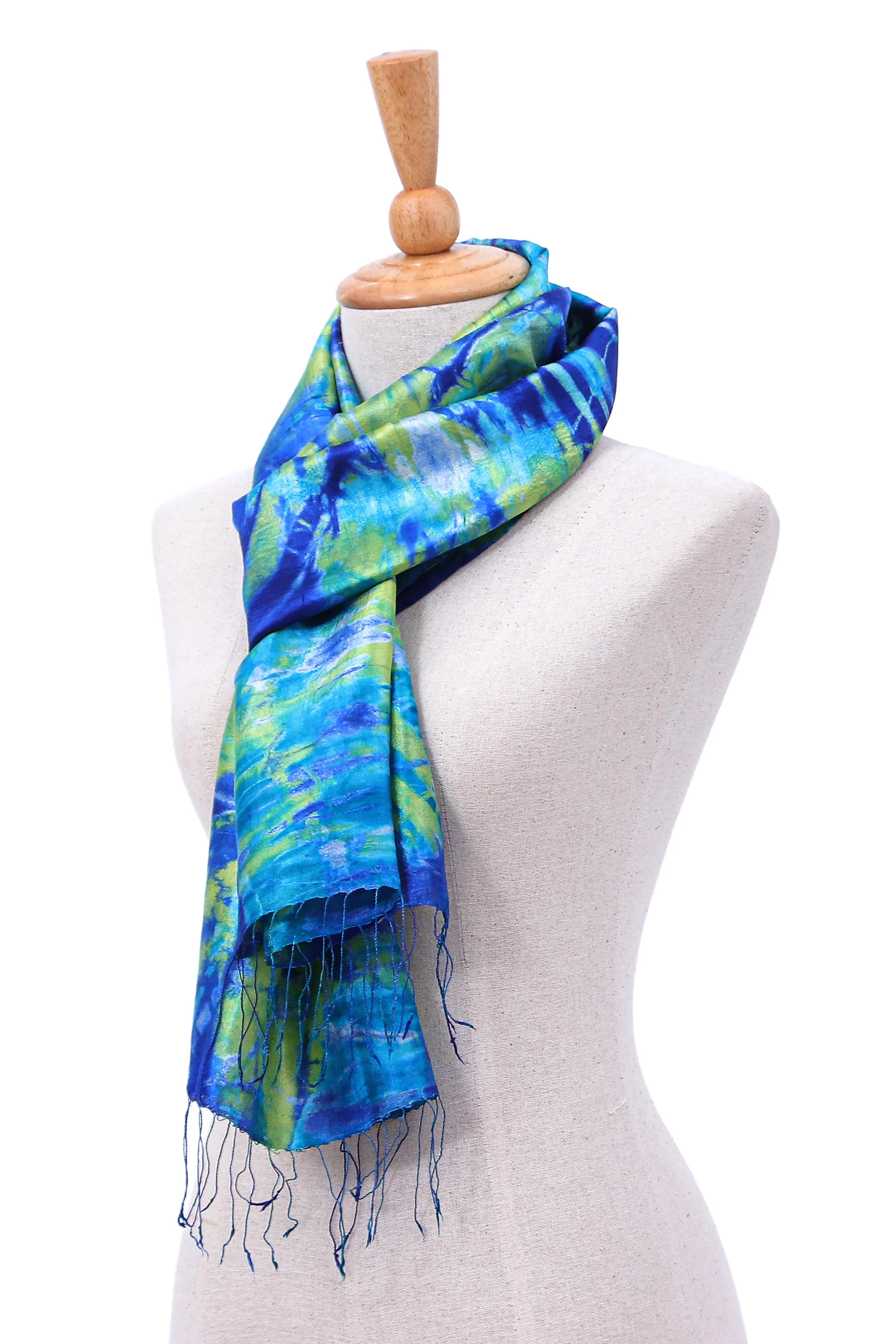 Smiling Sea Fringed Tie-Dyed Silk Scarf - Image 3