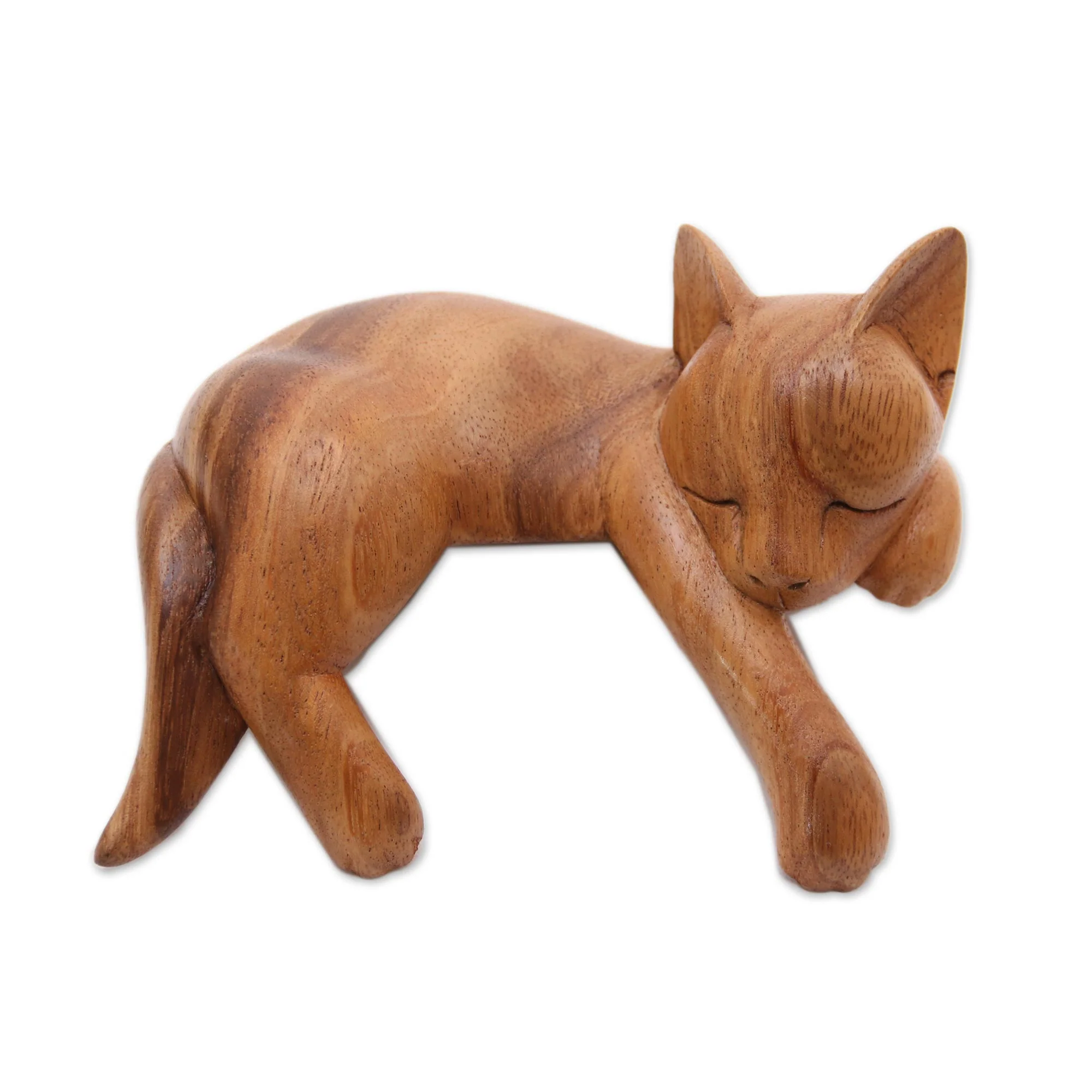 Snoozing Cat Natural Finish Suar Wood Sleeping Cat Sculpture from Bali - Image 3