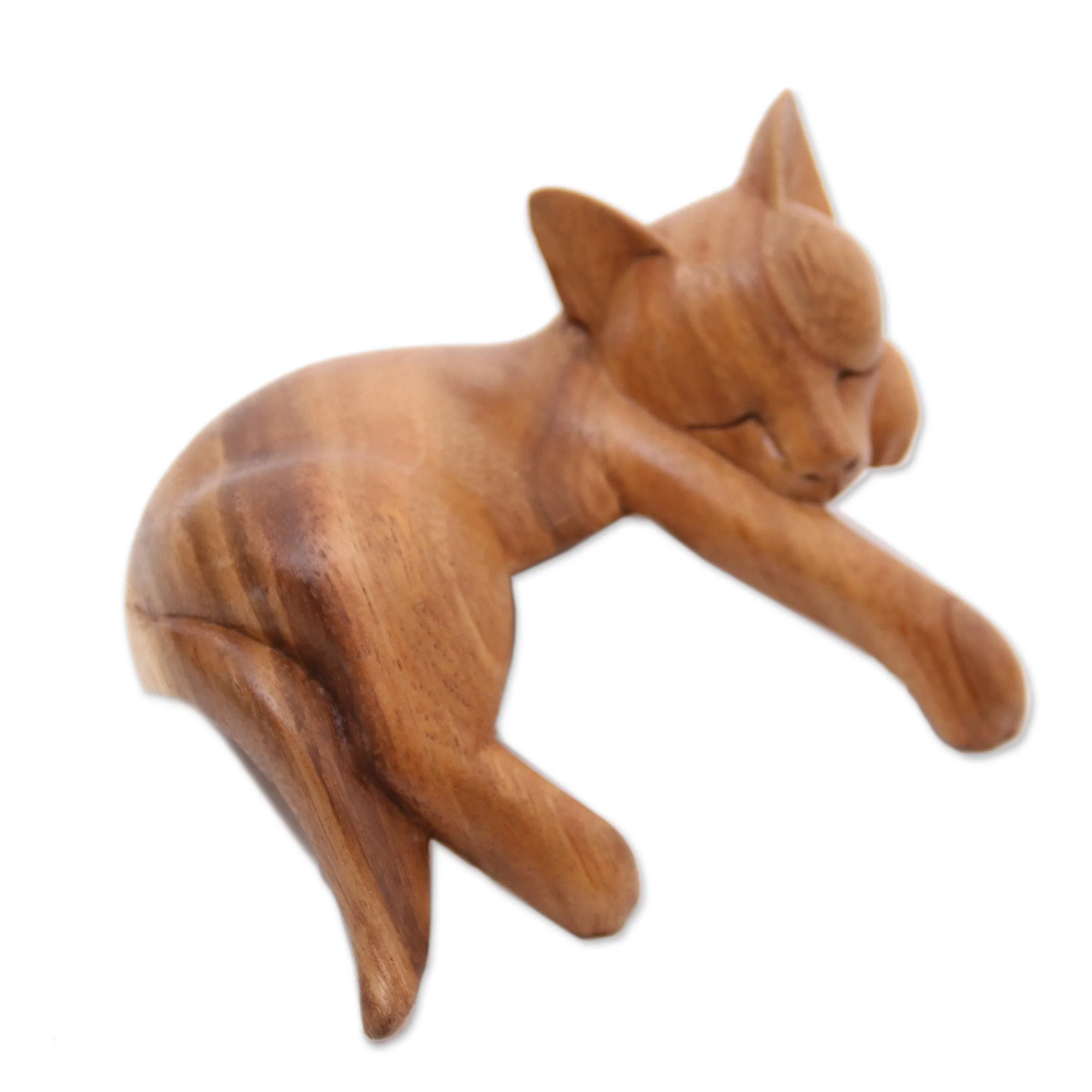 Snoozing Cat Natural Finish Suar Wood Sleeping Cat Sculpture from Bali - Image 4