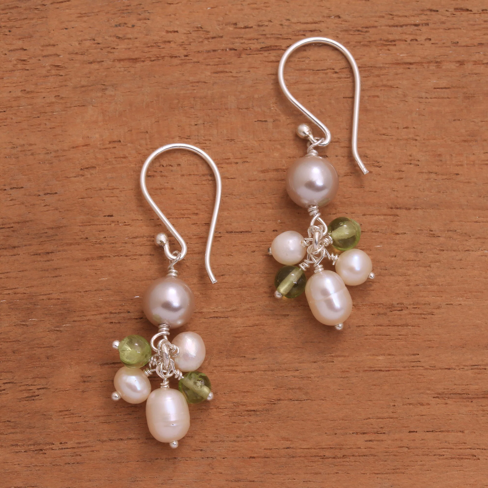 Snow Drops Cultured Pearl and Peridot Cluster Dangle Earrings from Bali - Image 3