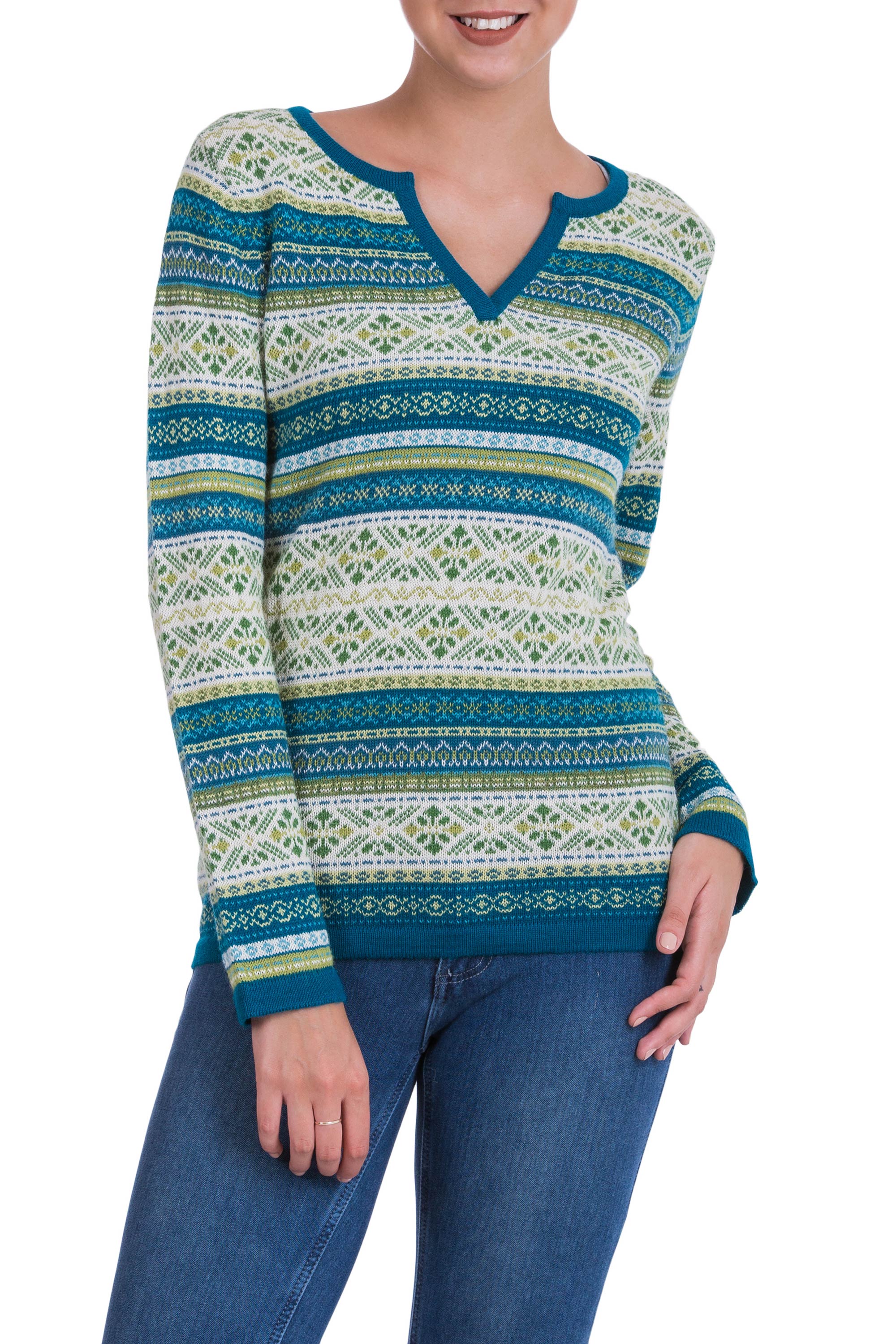 Snowflake Meadow Green and Blue on White 100% Alpaca V-Neck Sweater - Image 2