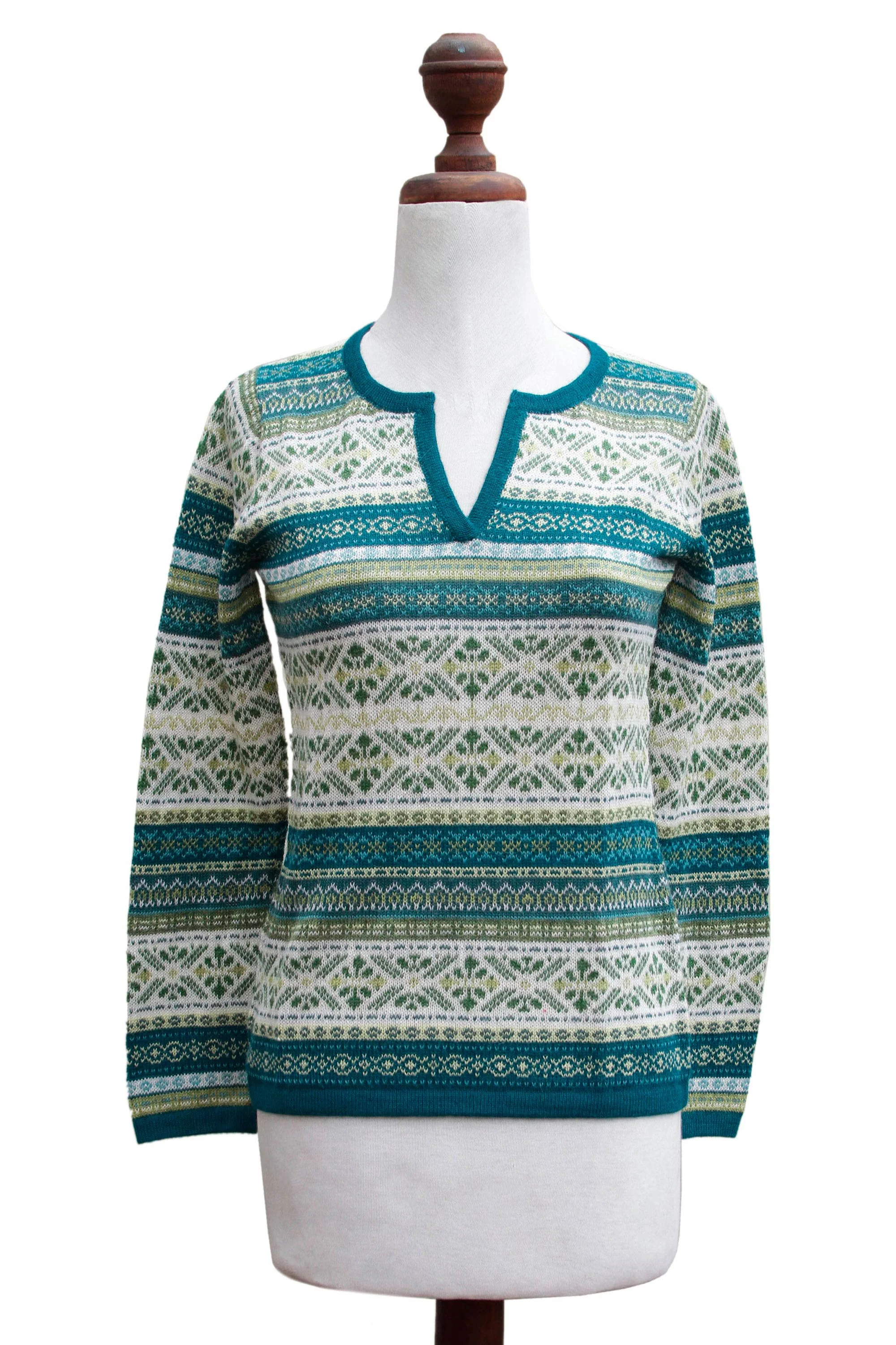 Snowflake Meadow Green and Blue on White 100% Alpaca V-Neck Sweater - Image 5