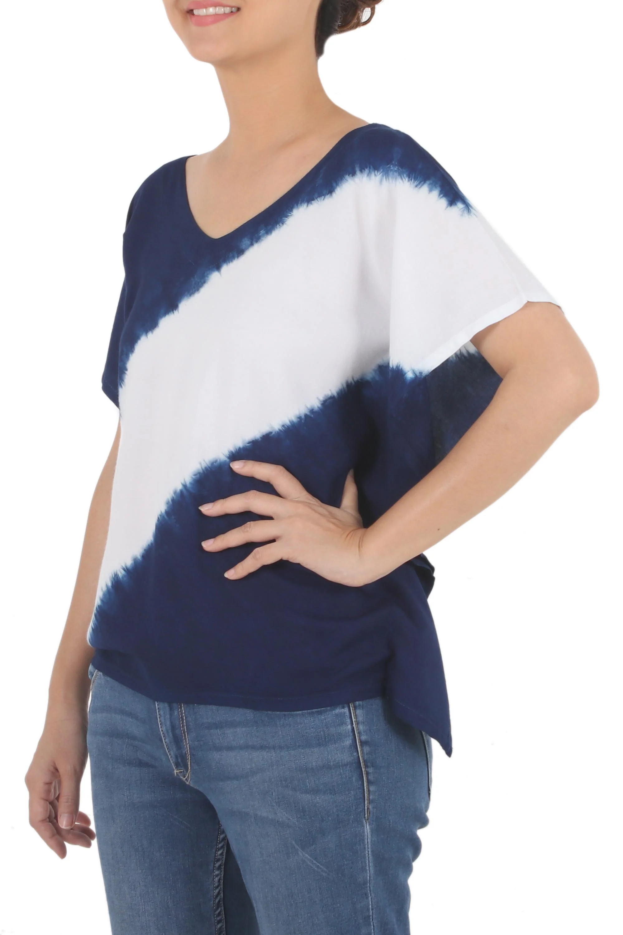 Soar Indigo Diagonal Stripe Tie-Dye Short Sleeve Cotton Blouse - Image 2
