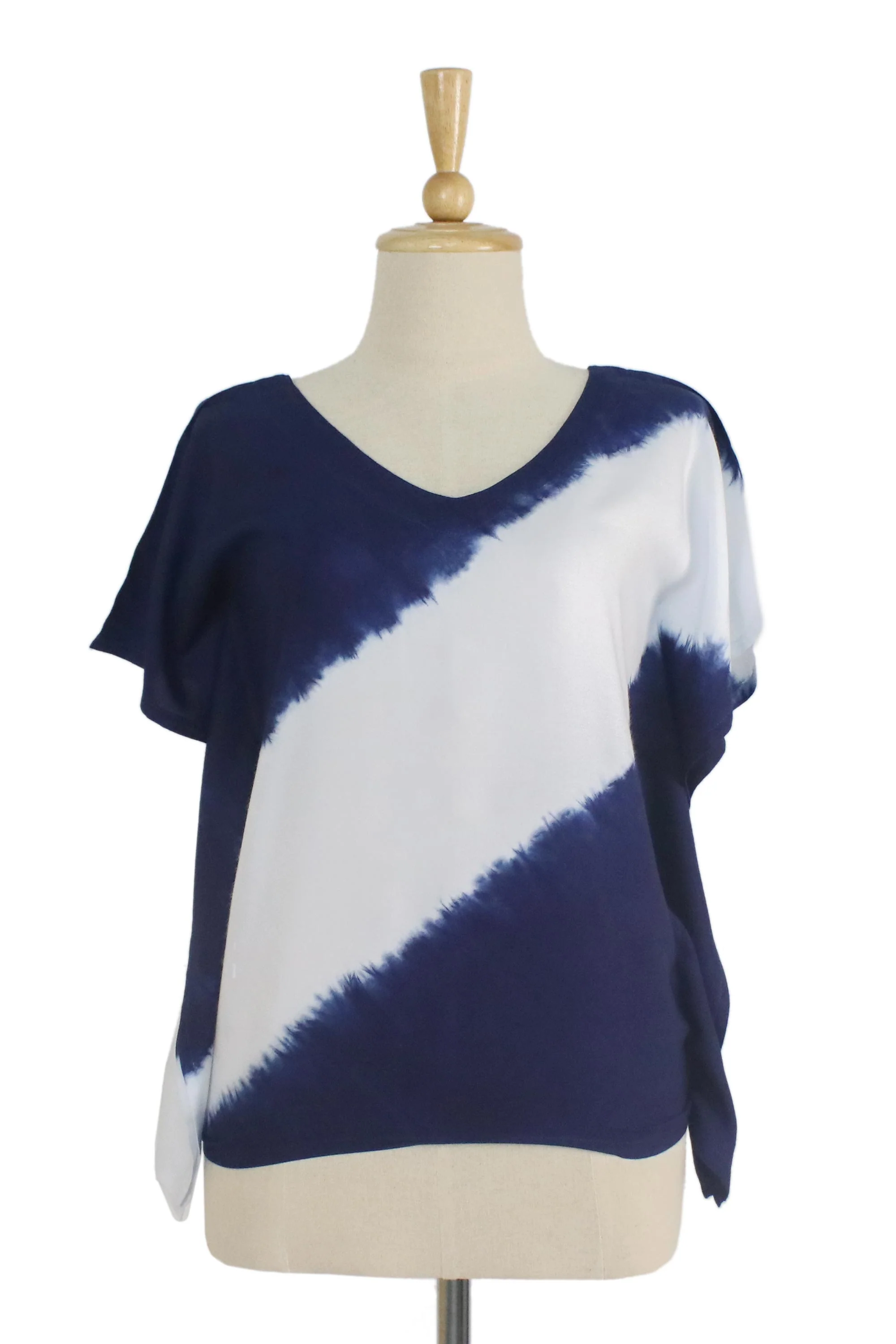 Soar Indigo Diagonal Stripe Tie-Dye Short Sleeve Cotton Blouse - Image 4