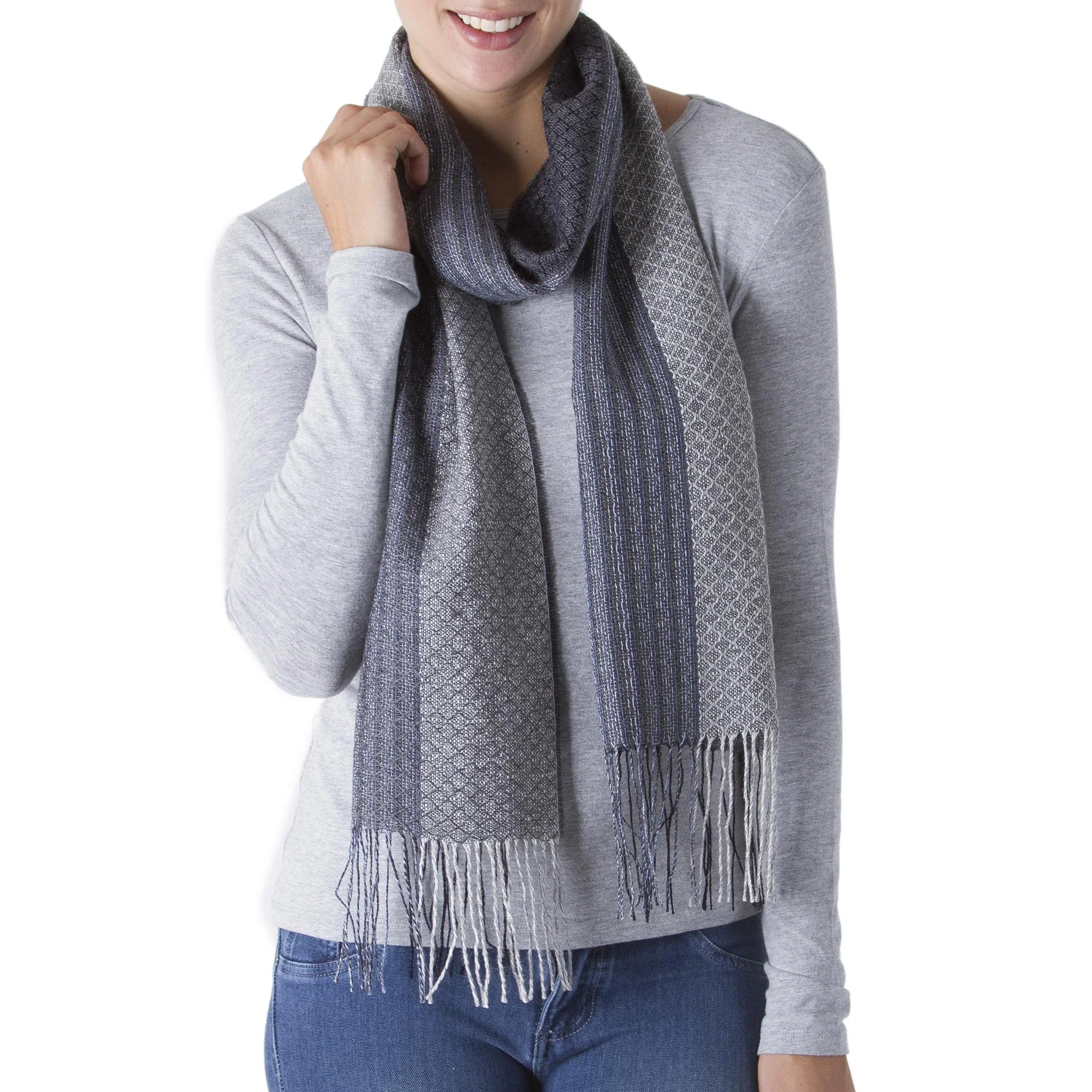 Soft Texture in Grey Hand Woven Baby Alpaca Silk Blend Grey Scarf from Peru - Image 2