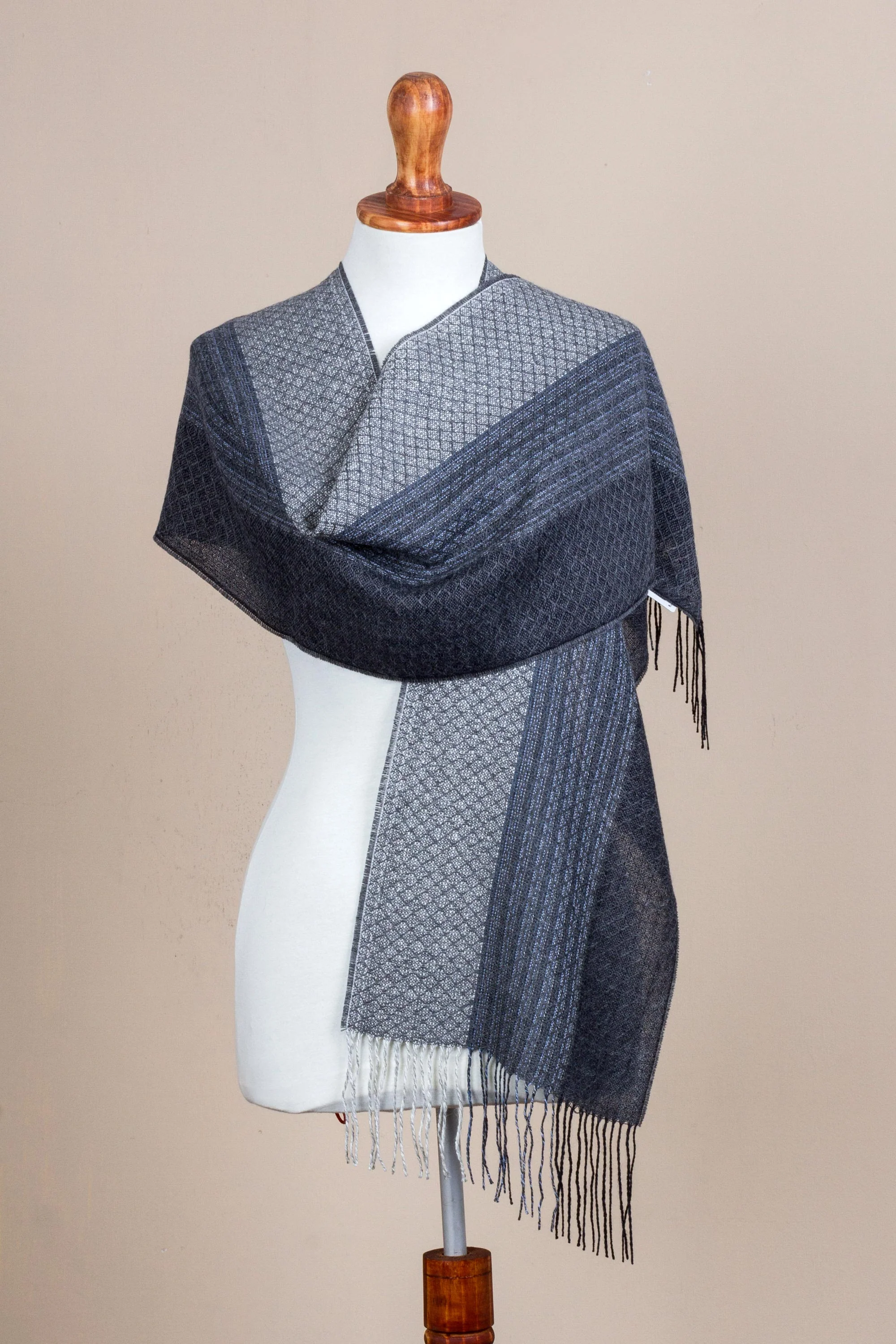 Soft Texture in Grey Hand Woven Baby Alpaca Silk Blend Grey Scarf from Peru - Image 3