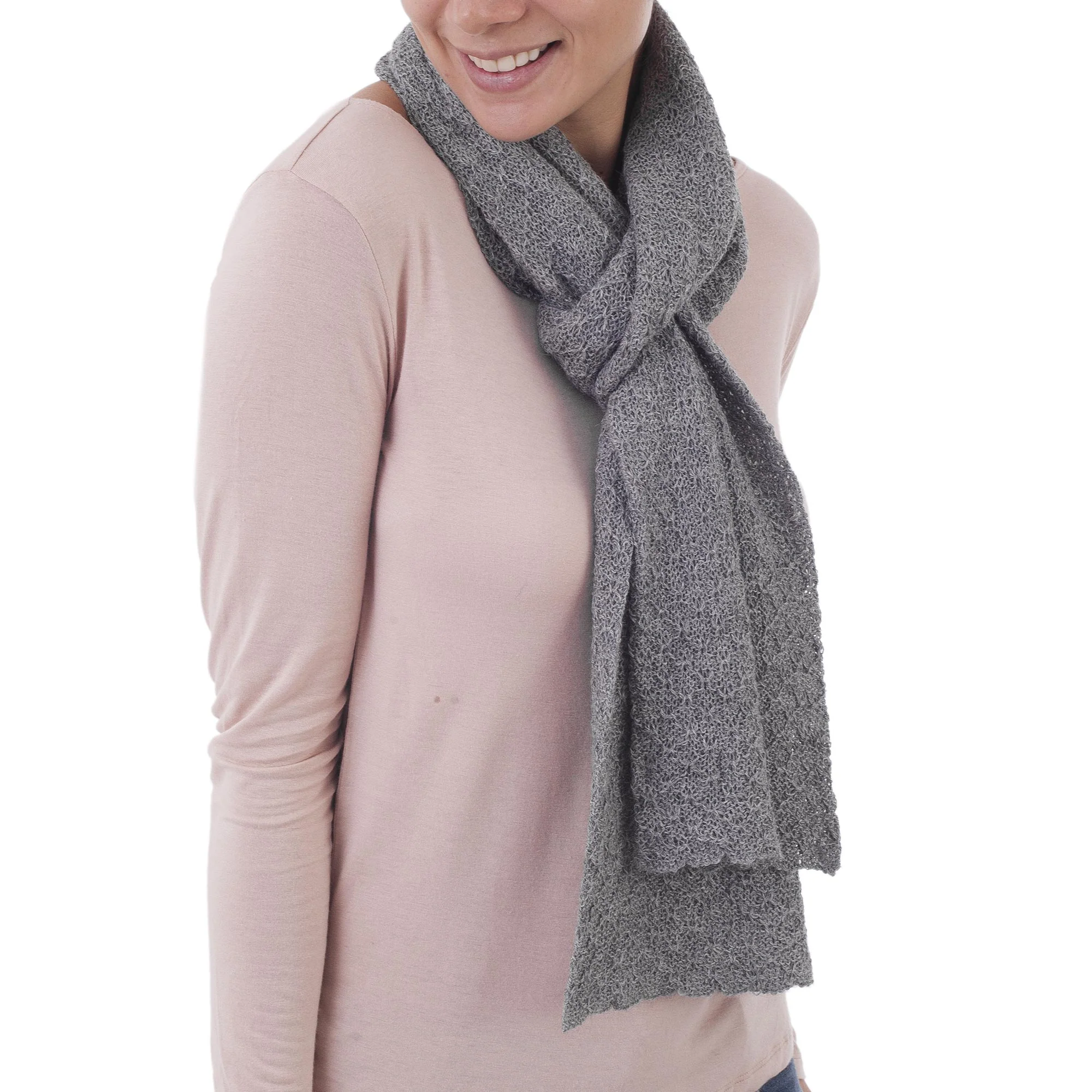 Solid Style in Smoke 100% Baby Alpaca Wrap Scarf in Solid Smoke Grey from Peru - Image 2