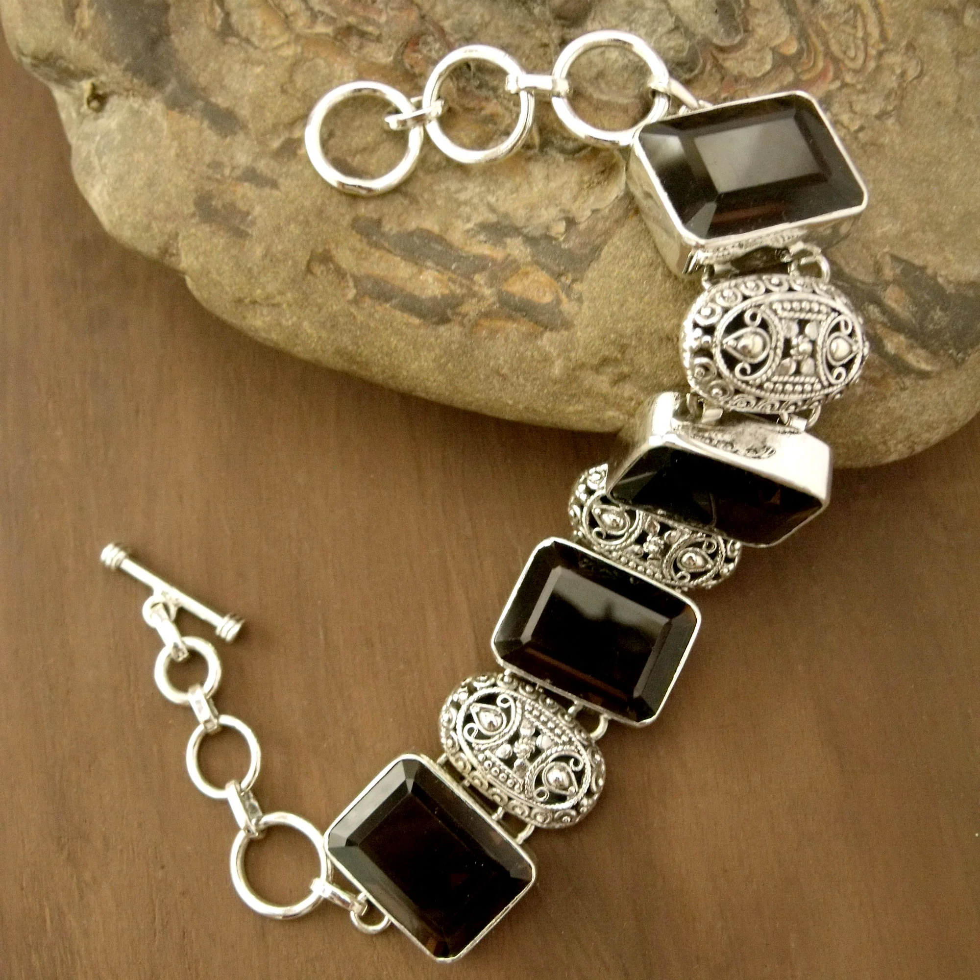 Song of India India Sterling Silver Wristband Bracelet with Smoky Quartz - Image 3
