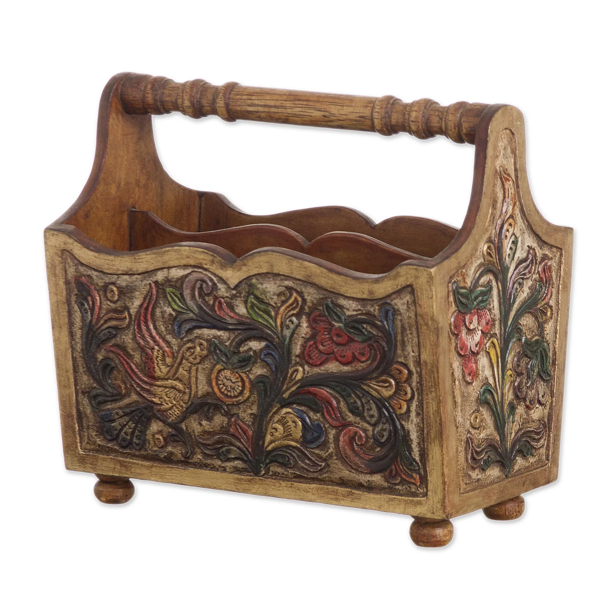 Songbirds Hand Tooled Leather and Mohena Wood Magazine Rack - Image 2