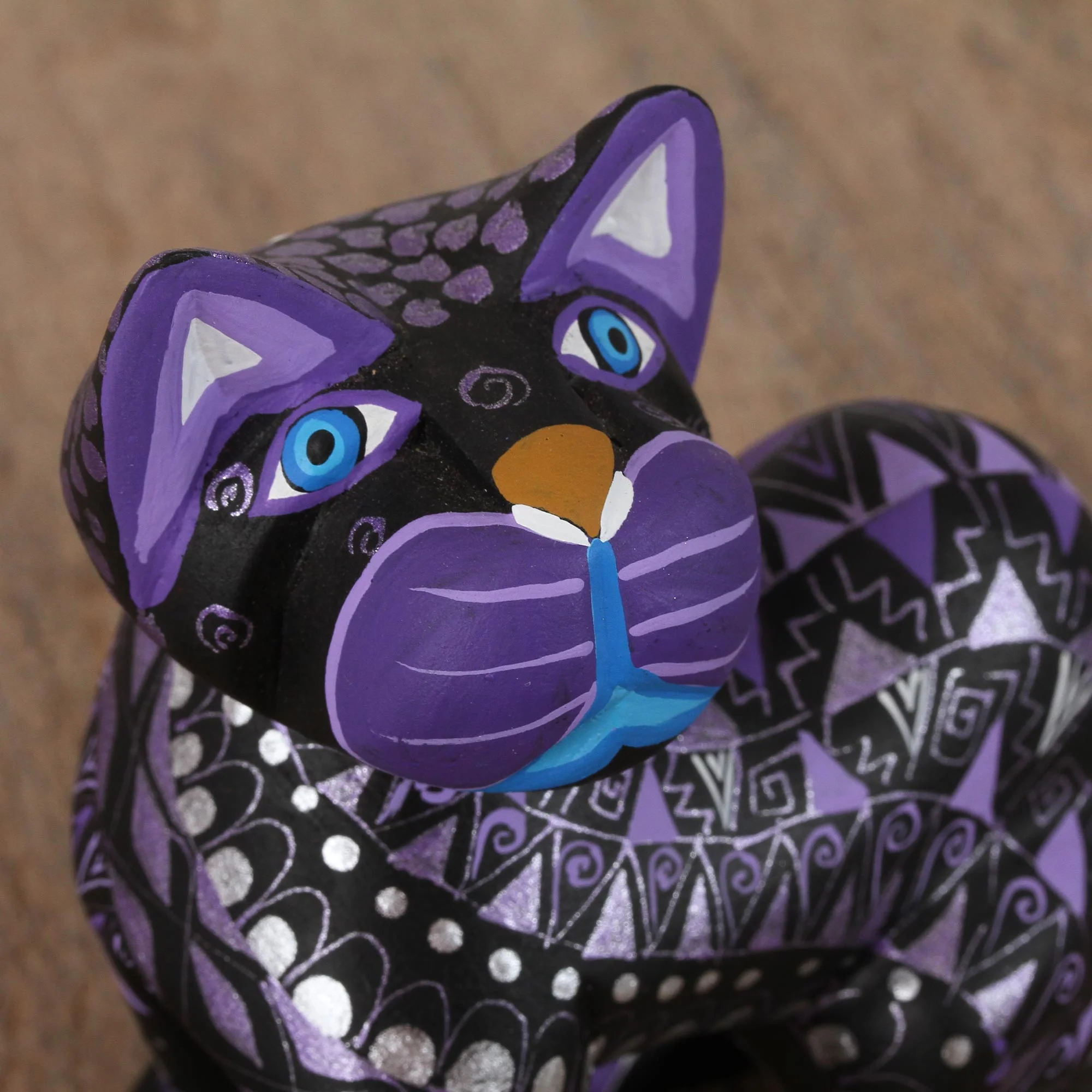 Sophisticated Cat Black Alebrije Cat Silver and Purple Hand Painted Motifs - Image 5