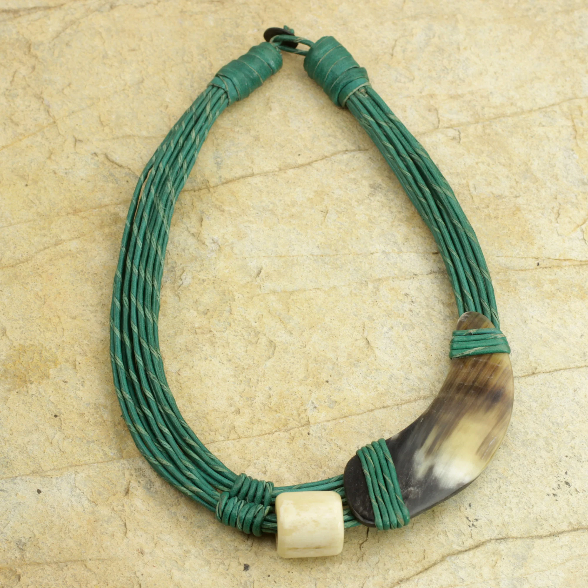 Sougri Green Horn and Bone Recycled Beads Necklace Fair Trade Jewelry - Image 3