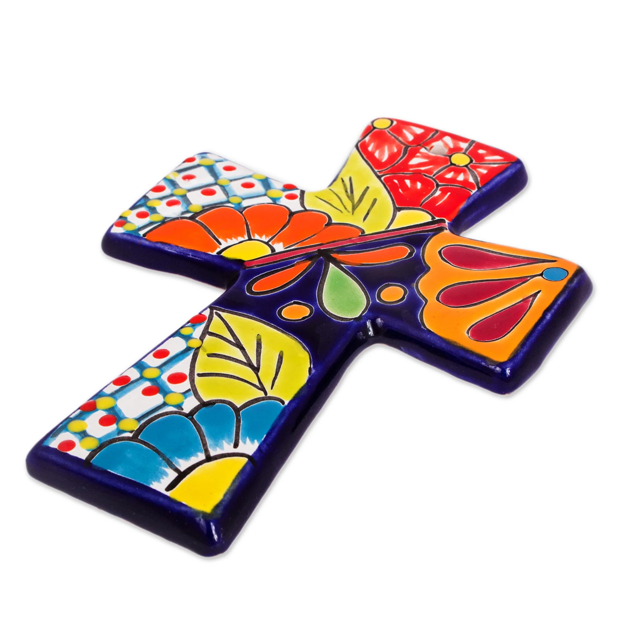 Spanish Faith Talavera-Style Ceramic Wall Cross from Mexico - Image 3