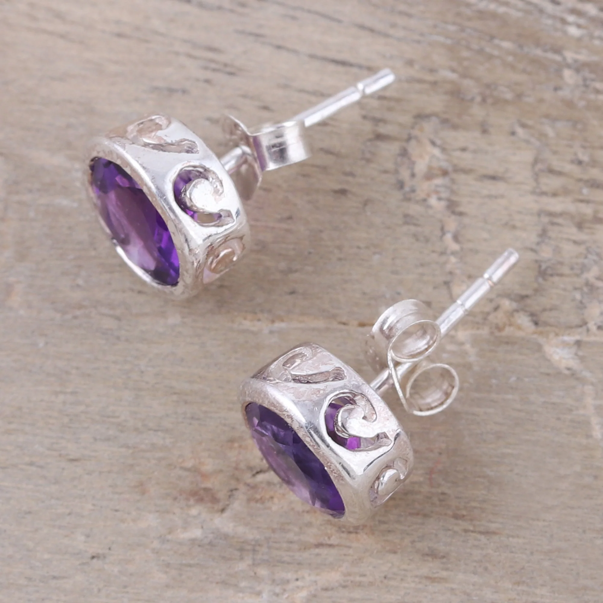 Spark of Life Faceted Amethyst Stud Earrings from India - Image 3