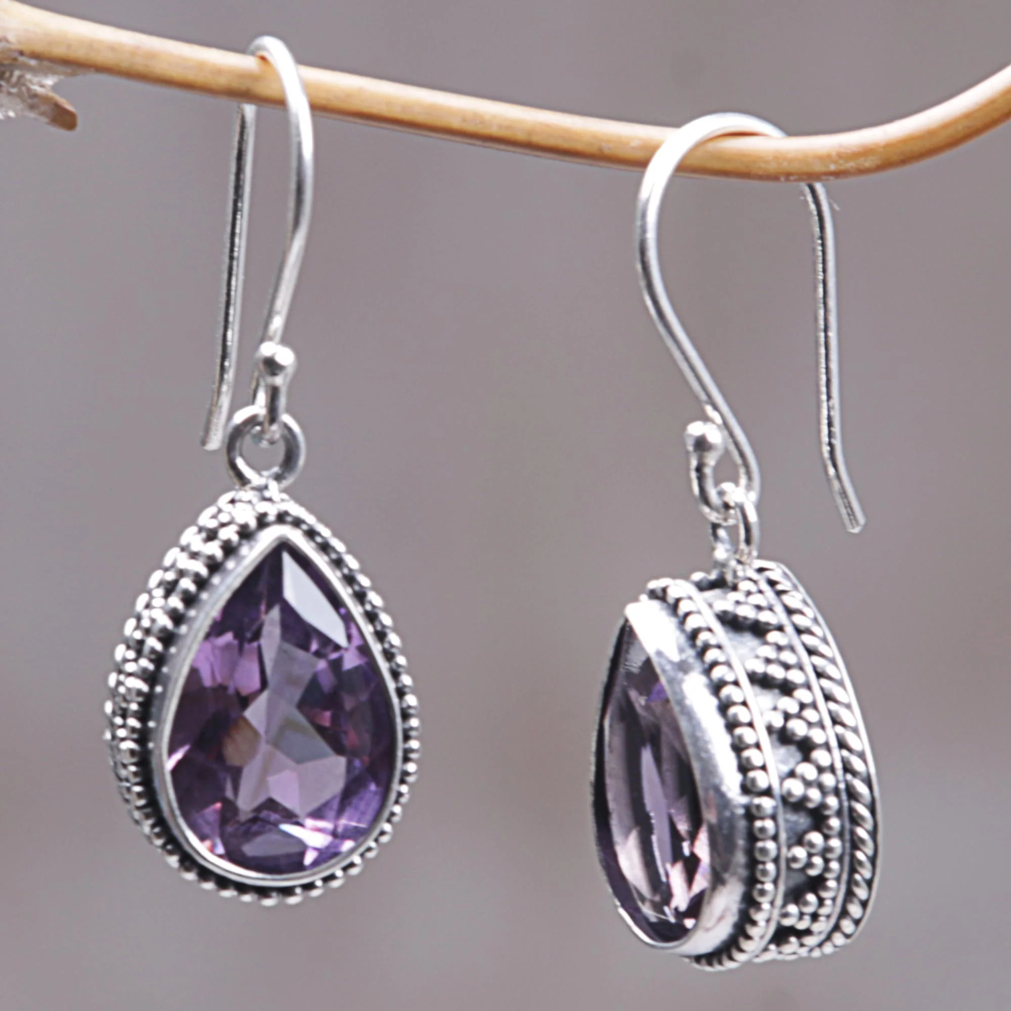 Sparkling Dew Amethyst & Silver Dangle Earrings - Image 4