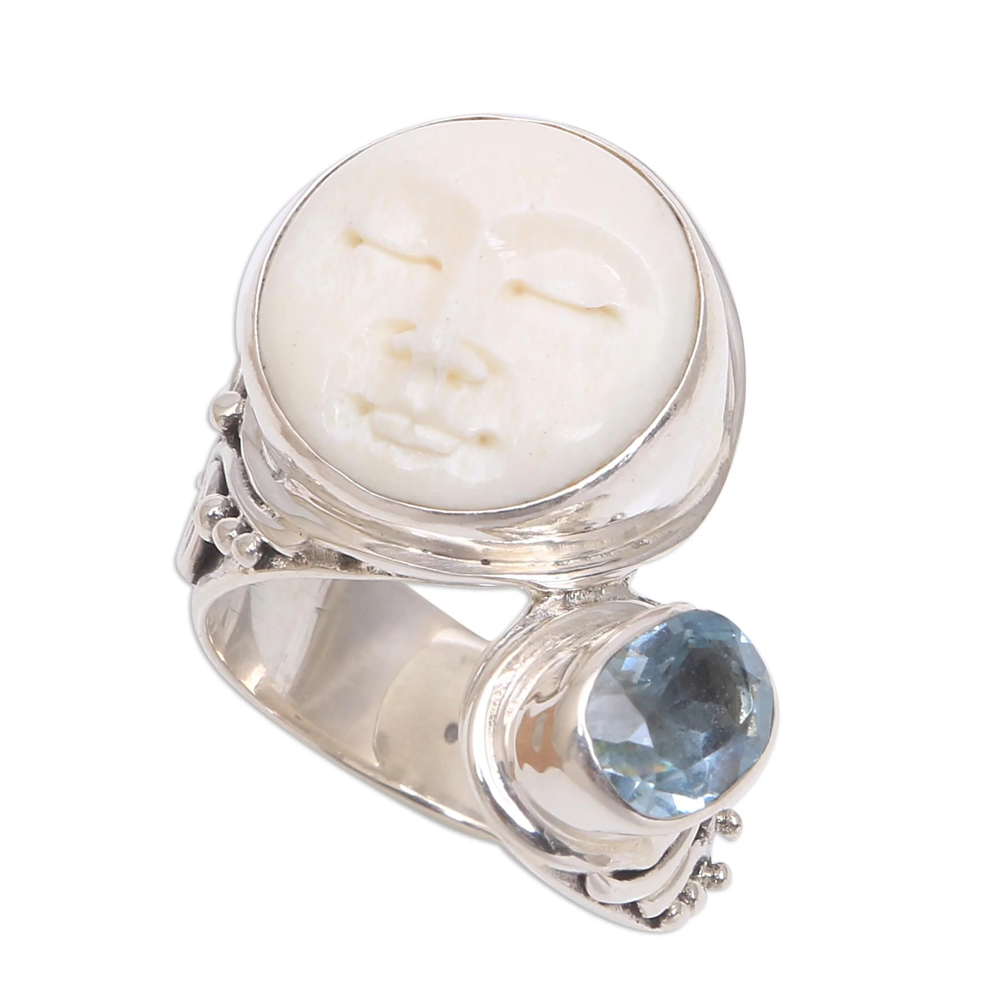 Sparkling Face Blue Topaz Silver Cow Bone Ring - Image 2