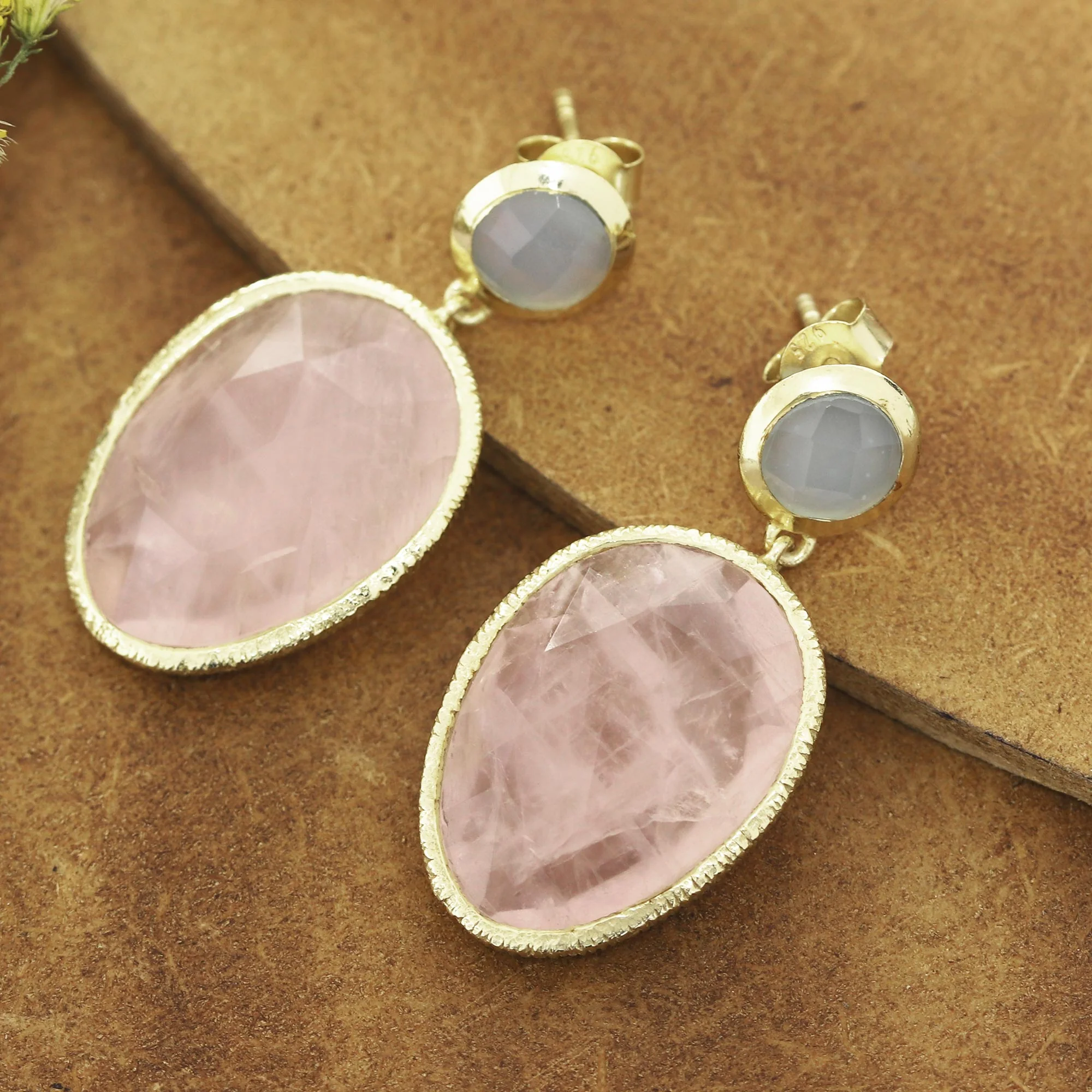 Sparkling Muse Gold Plated Rose Quartz and Chalcedony Dangle Earrings - Image 3
