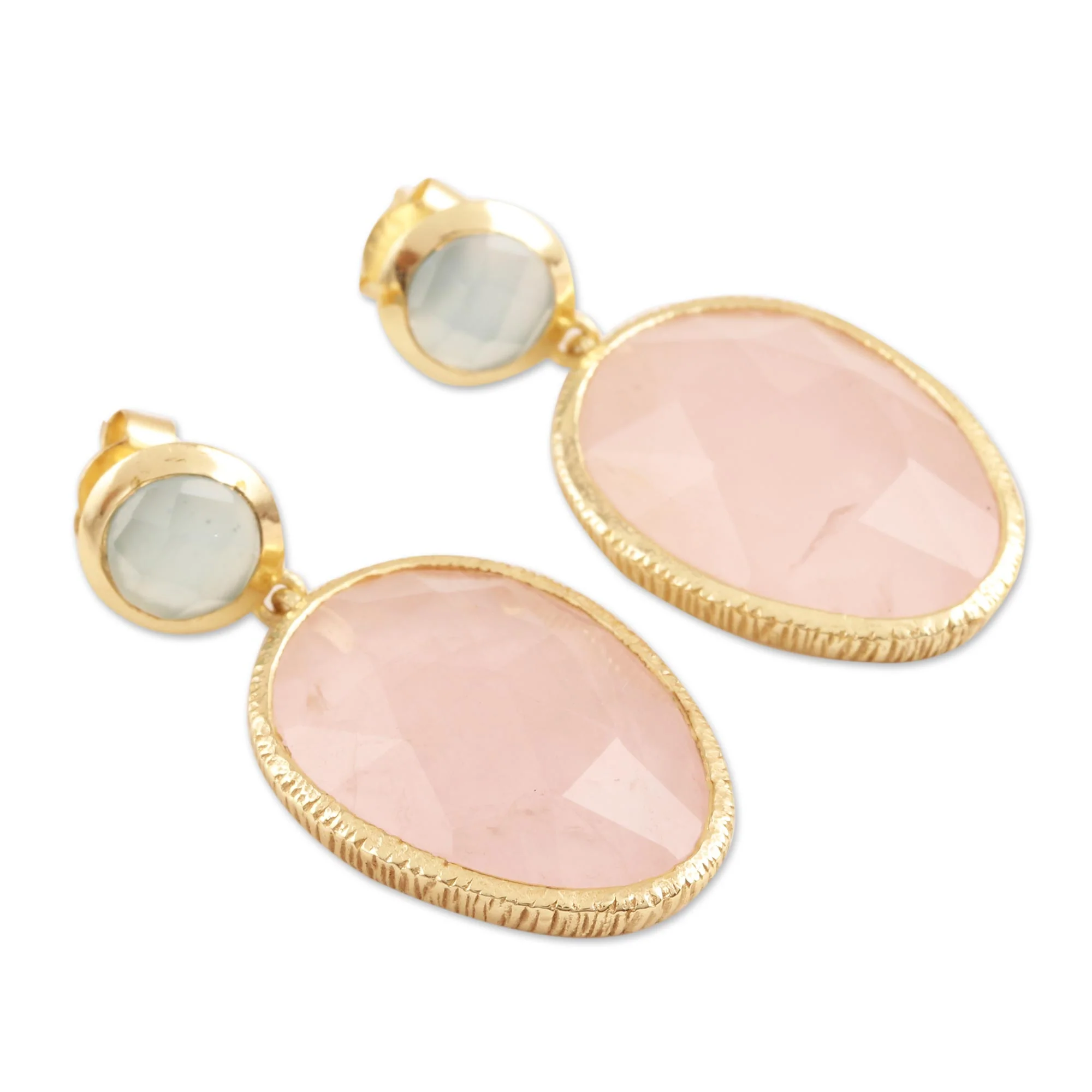 Sparkling Muse Gold Plated Rose Quartz and Chalcedony Dangle Earrings - Image 4