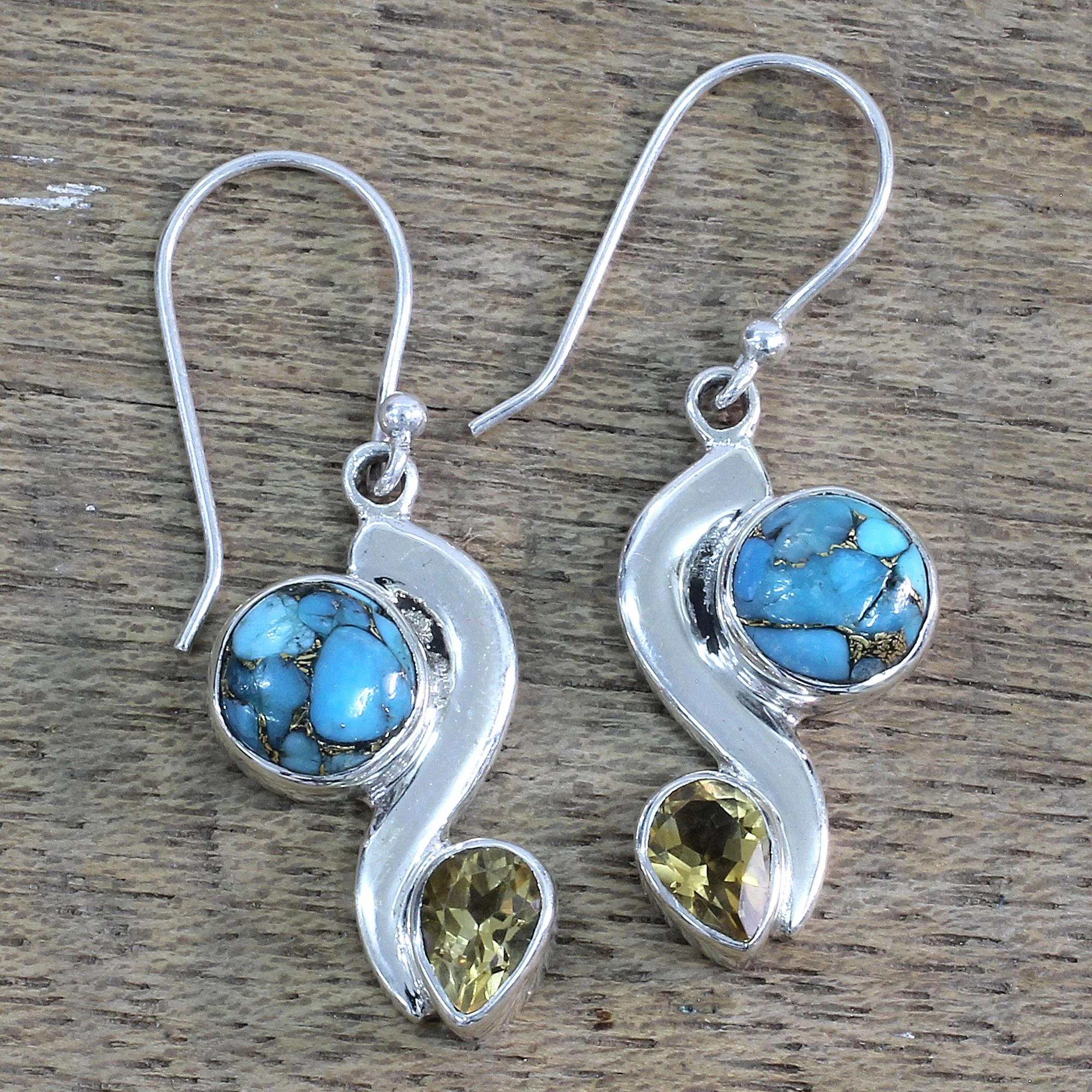 Sparkling Planet Citrine Composite Turquoise Dangle Earrings from India - Image 3