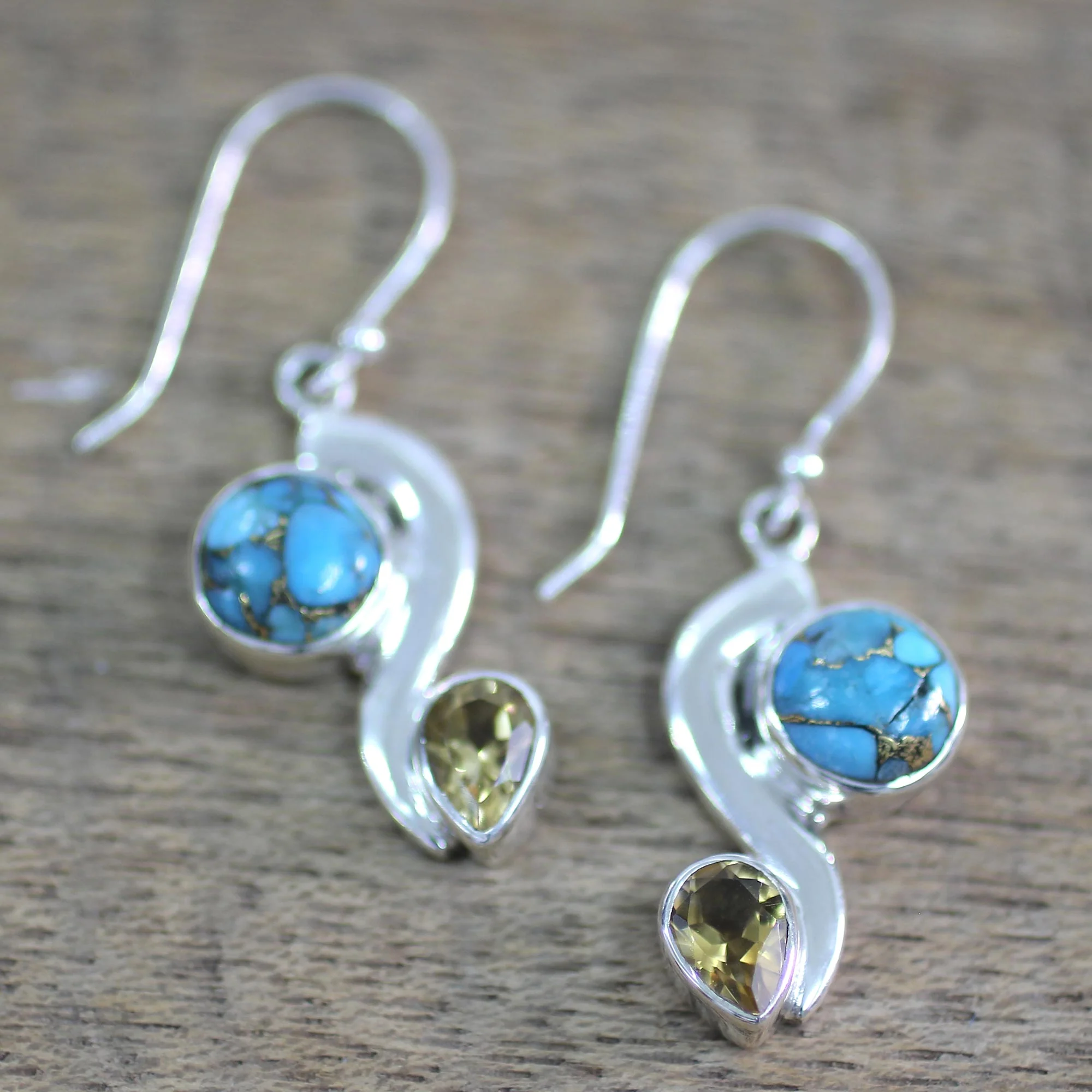 Sparkling Planet Citrine Composite Turquoise Dangle Earrings from India - Image 4
