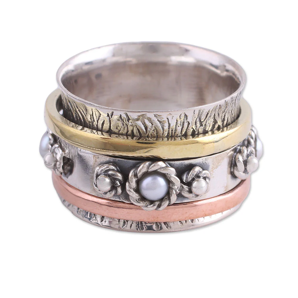 Spinning Blossom Handcrafted Sterling Silver Meditation Ring with Pearl - Image 2