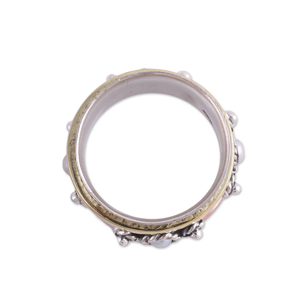 Spinning Blossom Handcrafted Sterling Silver Meditation Ring with Pearl - Image 4