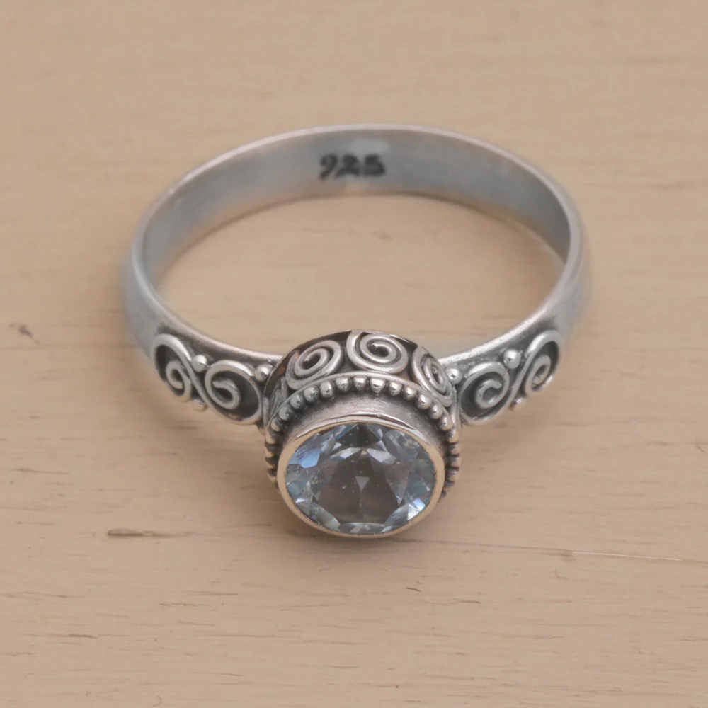 Spiral Crown Blue Topaz and Sterling Silver Solitaire Ring from Bali - Image 3