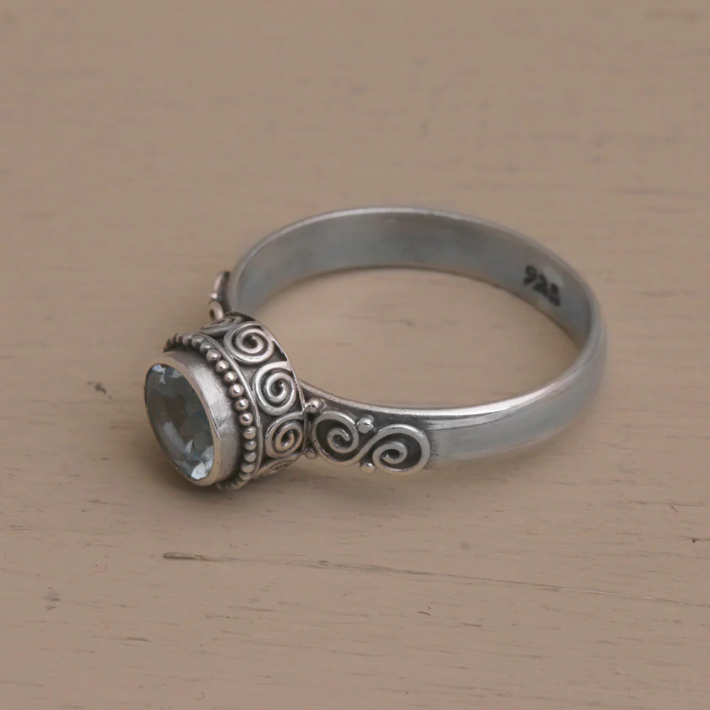 Spiral Crown Blue Topaz and Sterling Silver Solitaire Ring from Bali - Image 4
