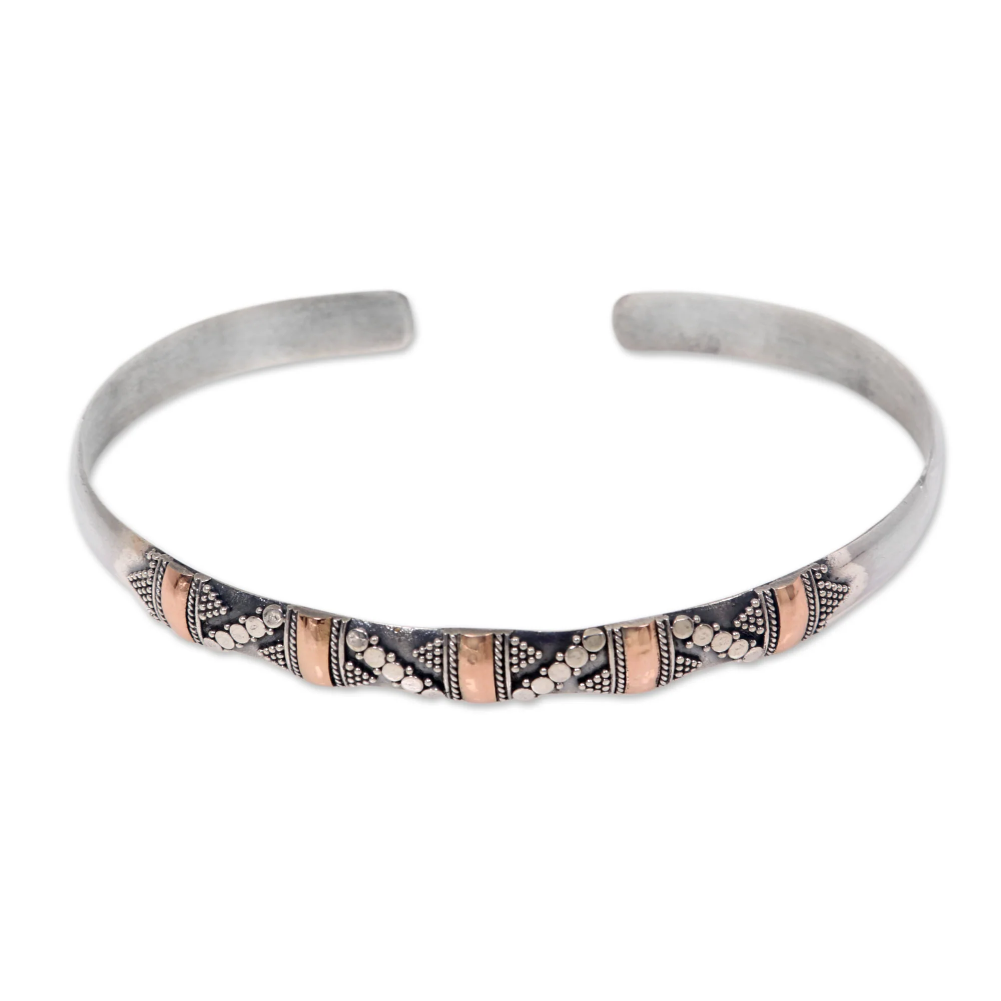 Spots and Dots Balinese Gold Accent Slender Sterling Silver Cuff Bracelet - Image 2