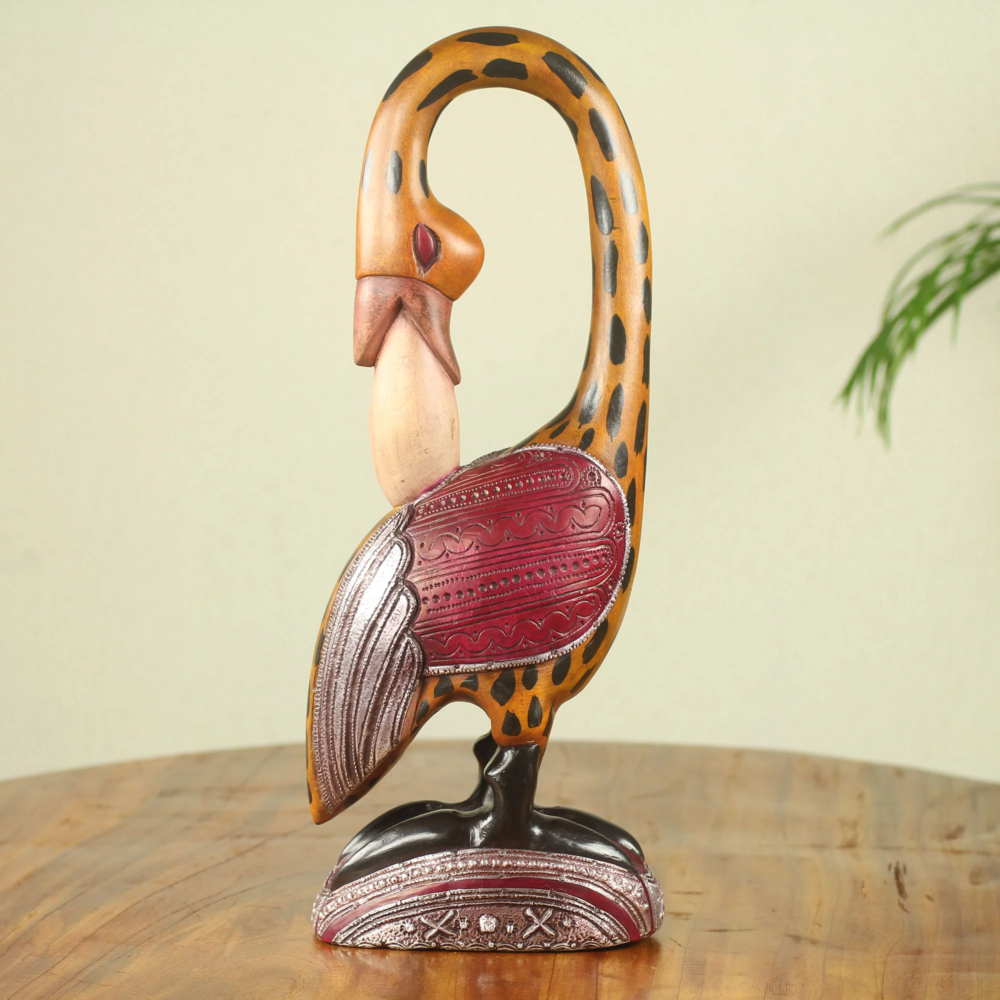 Spotted Sankofa Colorful African Wood Bird Sculpture Hand Carved in Ghana - Image 3