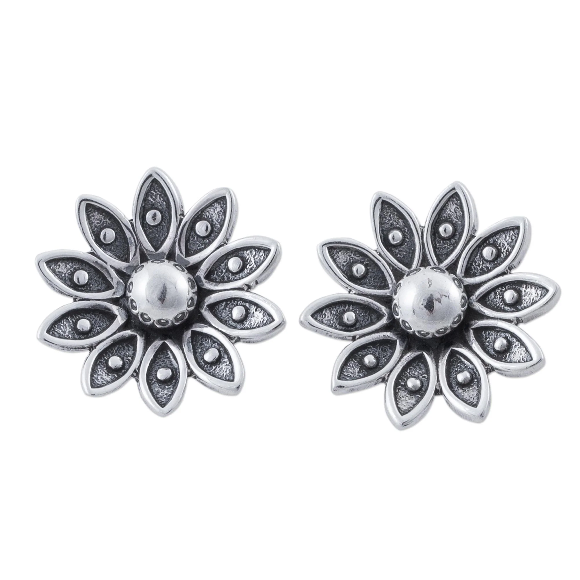 Spreading Lotus Sterling Silver Floral Stud Earrings from Peru - Image 2
