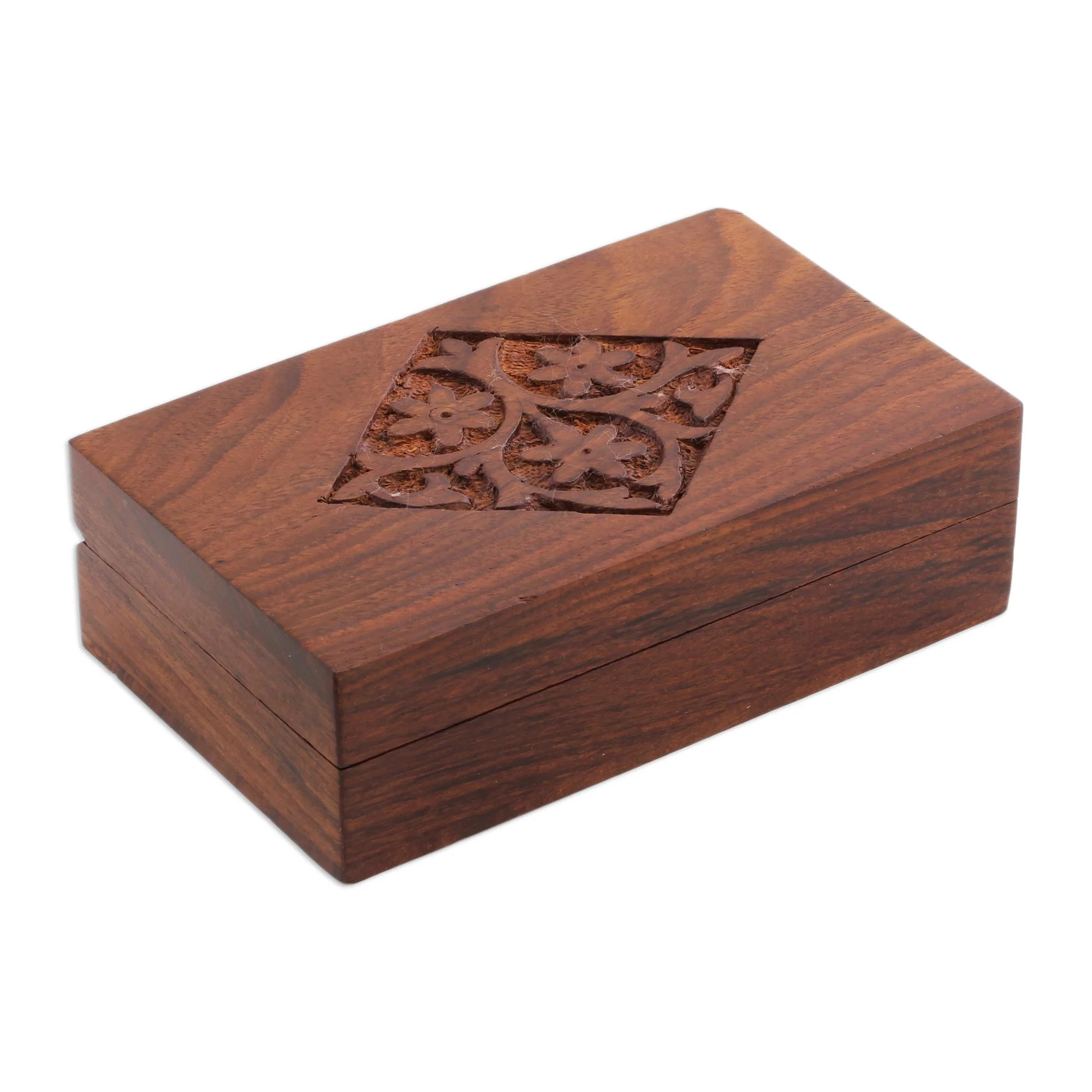 Spring Blossoms Hand Carved Decorative Mango Wood Box from India - Image 2
