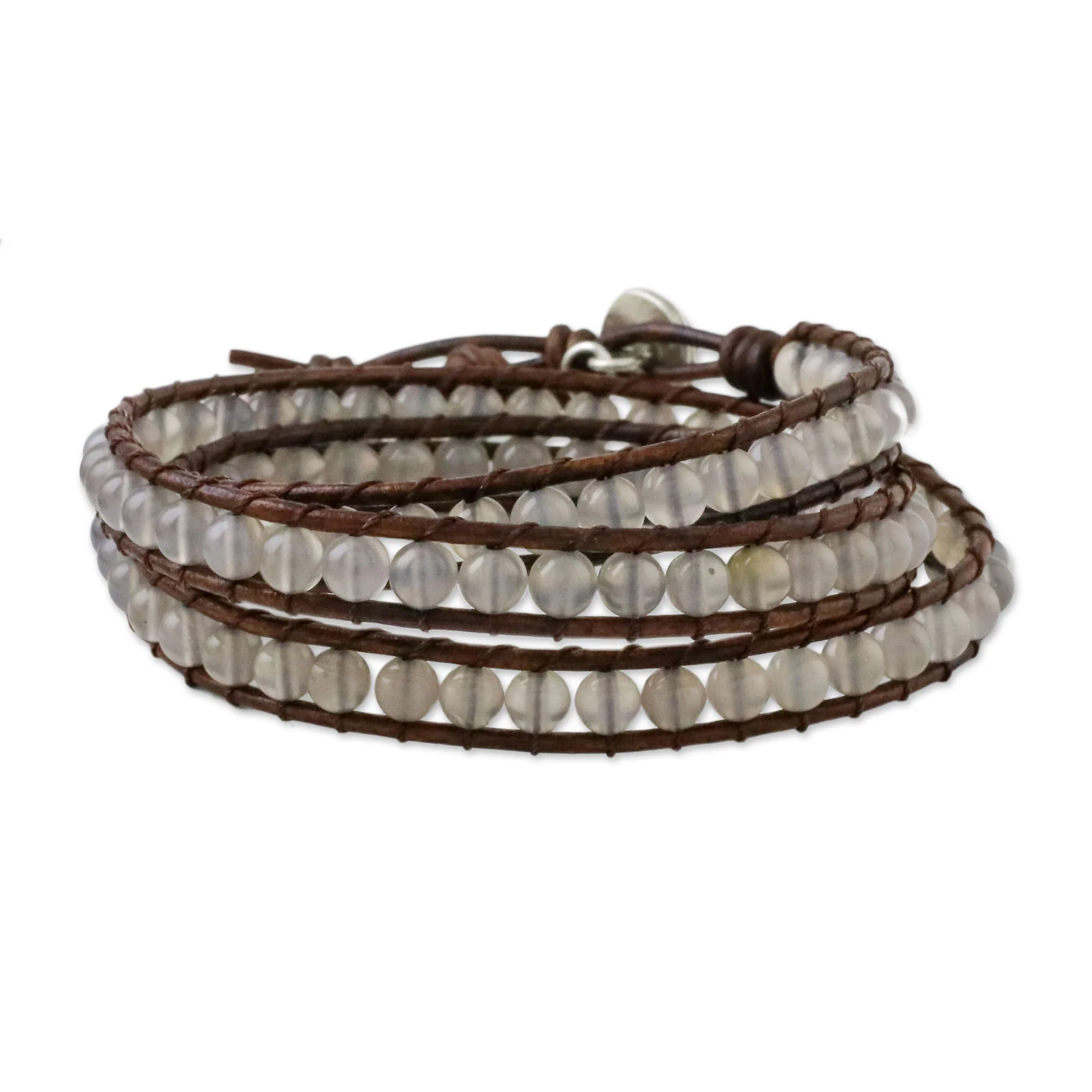 Spring Fog Chalcedony and Leather Beaded Wrap Bracelet from Thailand - Image 2