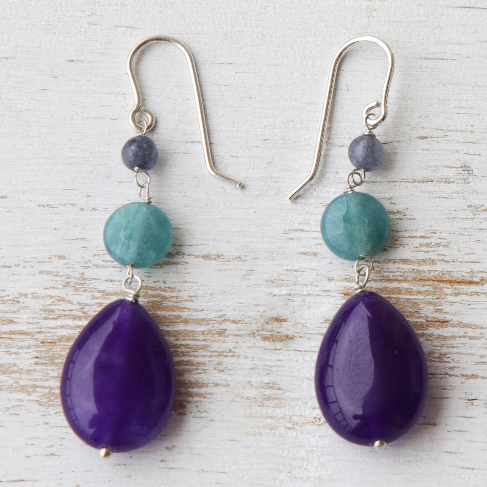 Springtime Colors Brazilian Purple Jade & Aqua Apatite Dangle Earrings - Image 4