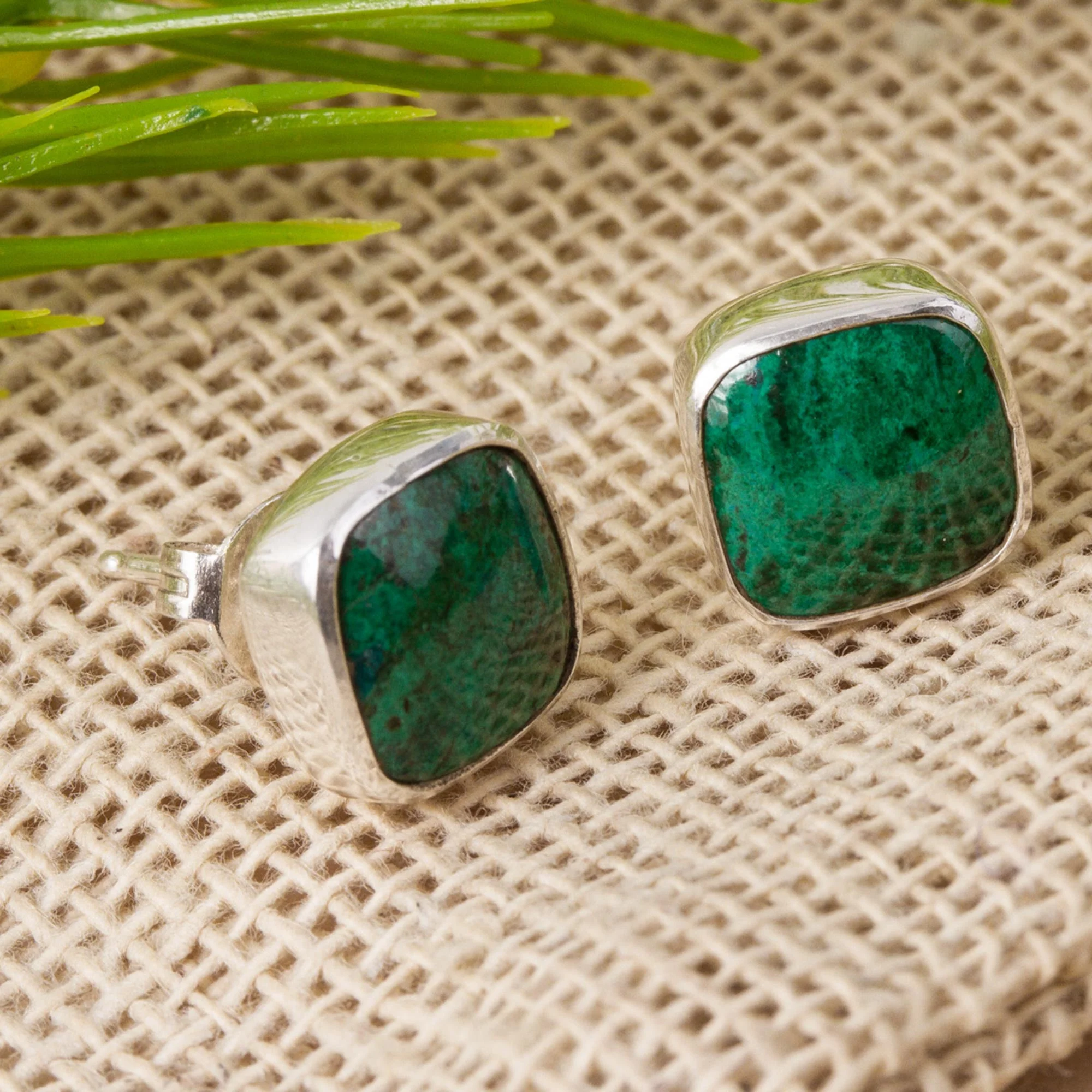 Square Bucklers Square Chrysocolla Stud Earrings from Mexico - Image 3