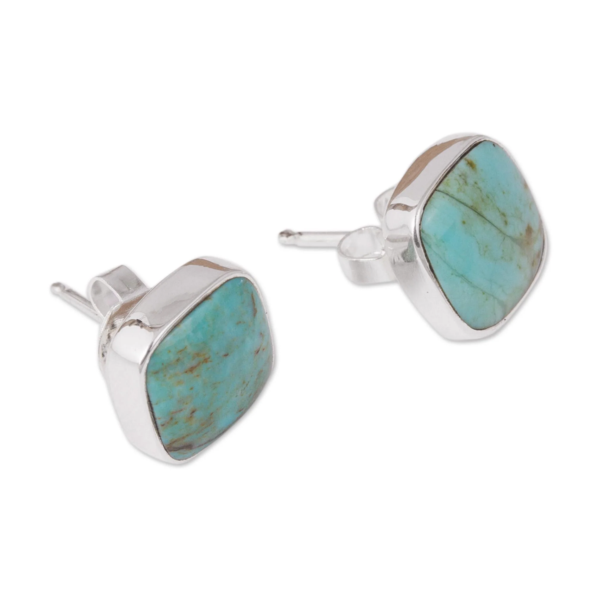Square Bucklers Square Reconstituted Turquoise Stud Earrings from Mexico - Image 2
