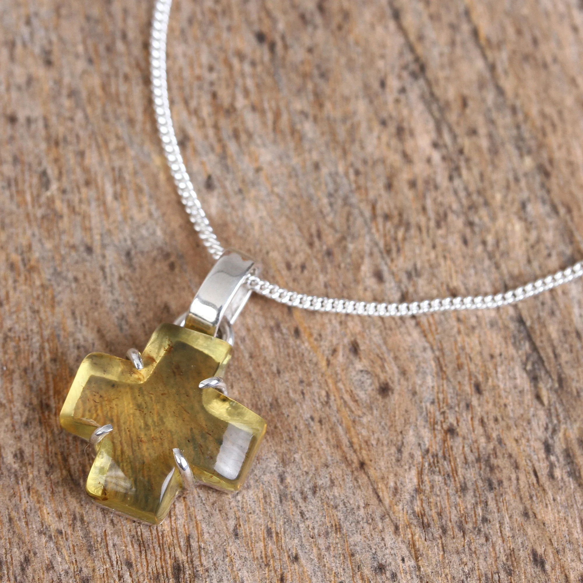 Square Cross Natural Amber Cross Pendant Necklace from Mexico - Image 3