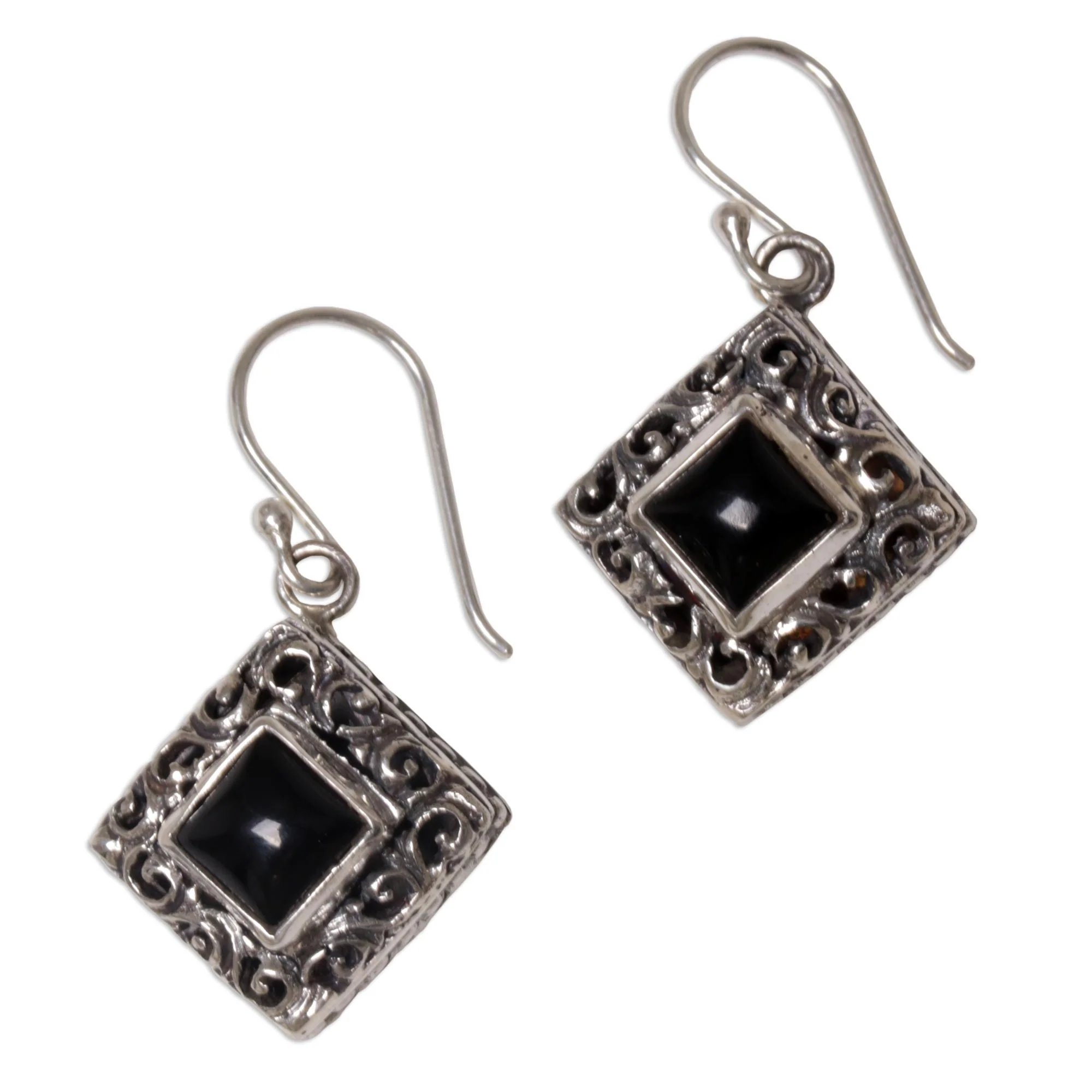 Square Stupa Onyx & Silver Dangle Earrings - Image 2