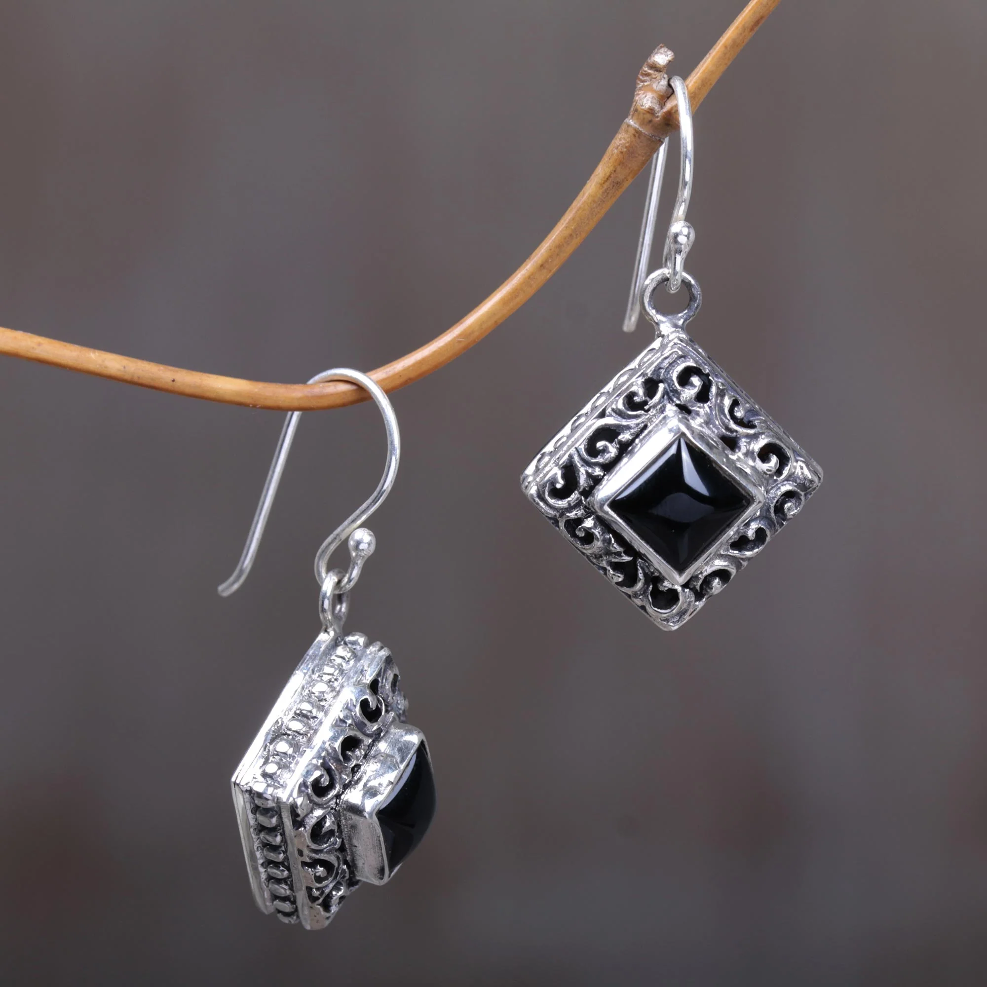 Square Stupa Onyx & Silver Dangle Earrings - Image 3