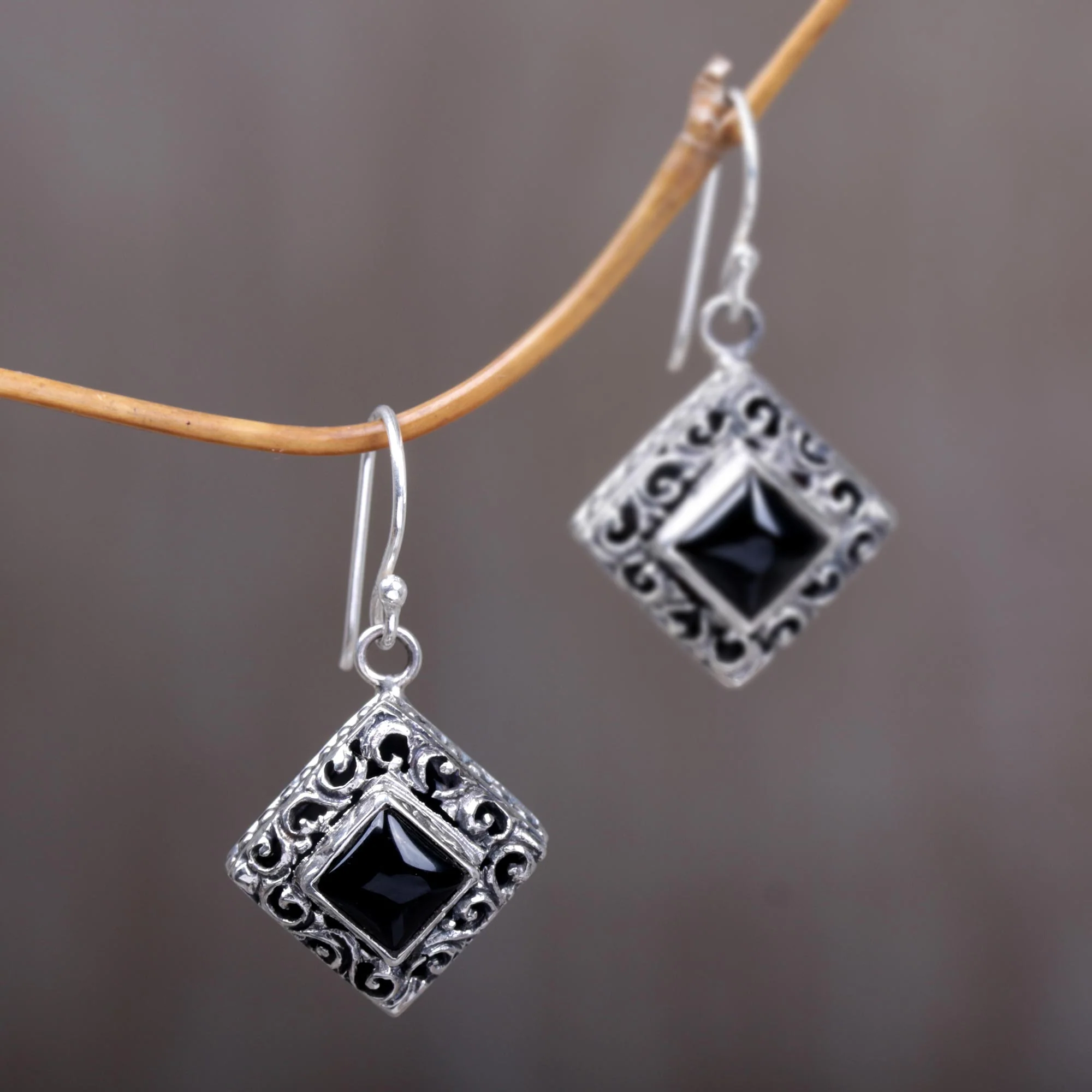 Square Stupa Onyx & Silver Dangle Earrings - Image 4