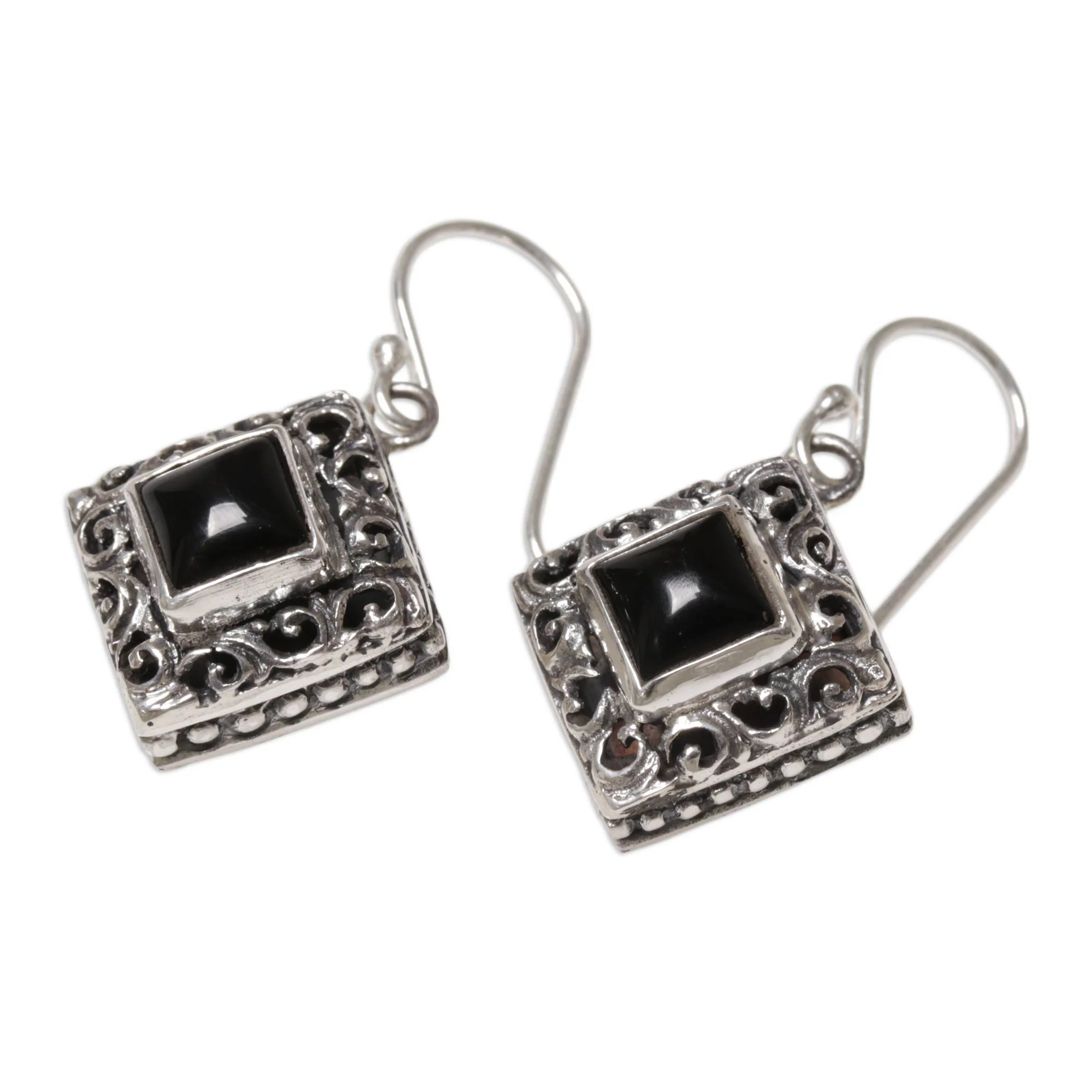 Square Stupa Onyx & Silver Dangle Earrings - Image 5
